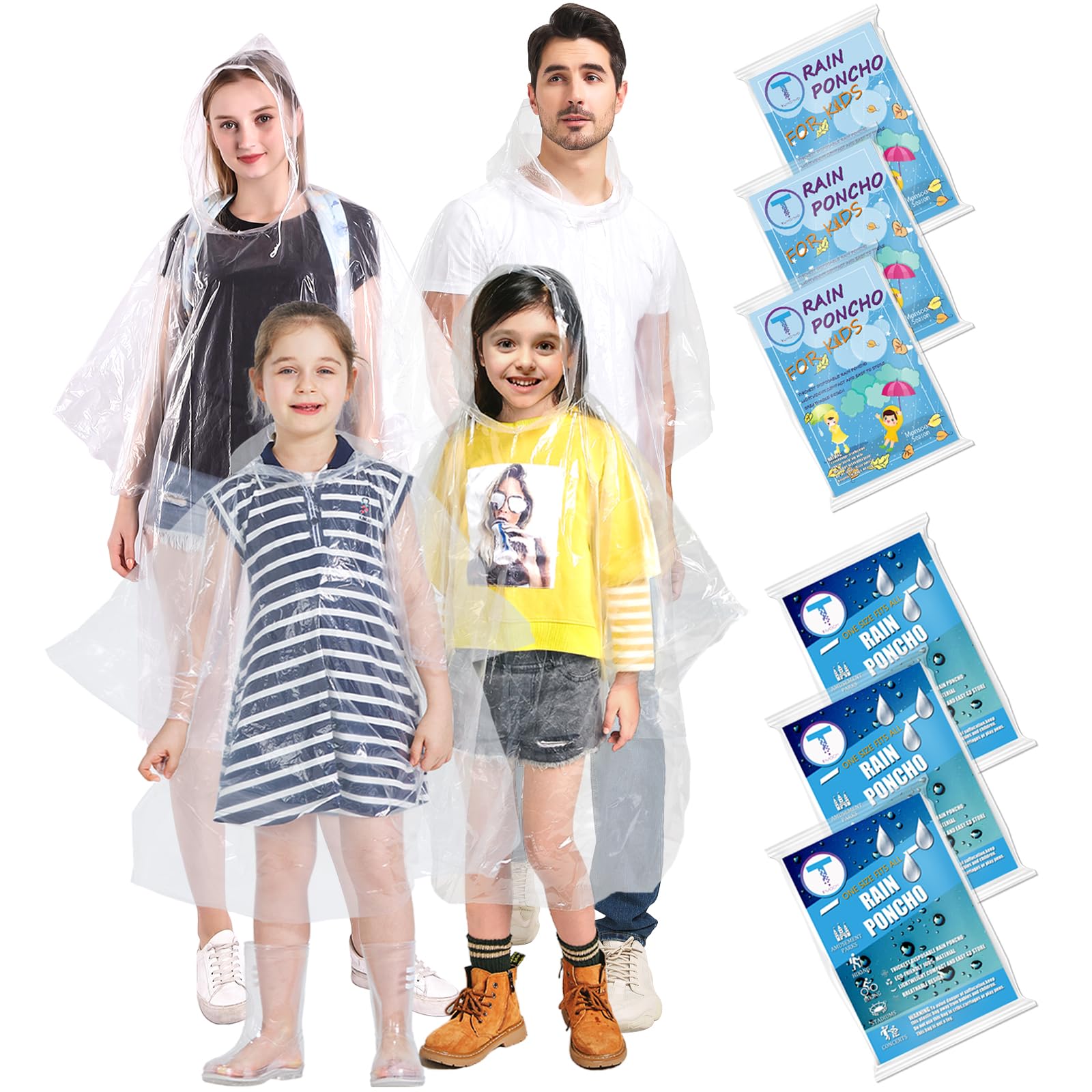 TUNCHMO Disposable Rain Ponchos for Kids (6 Pack) 50% Thicker Emergency Ponchos-Clear