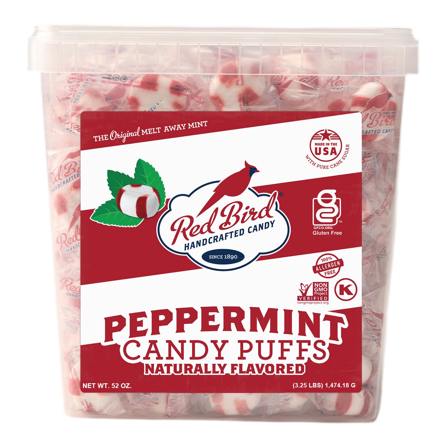 Red Bird Soft Peppermint Candy, Individually Wrapped, Gluten Free Breath Mints, 52 oz Tub