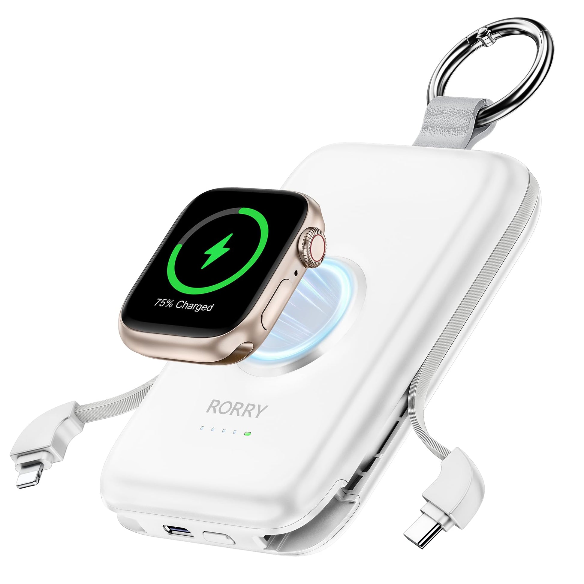 RORRY Portable Charger, 10000mAh PD 20W Fast Charging Portable Charger Power Bank with Built in Cables, Travel Battery Pack for iPhone 16/15/14/13/12 and Apple Watch Ultra/9/8/7/6/5/4/3/2, Black