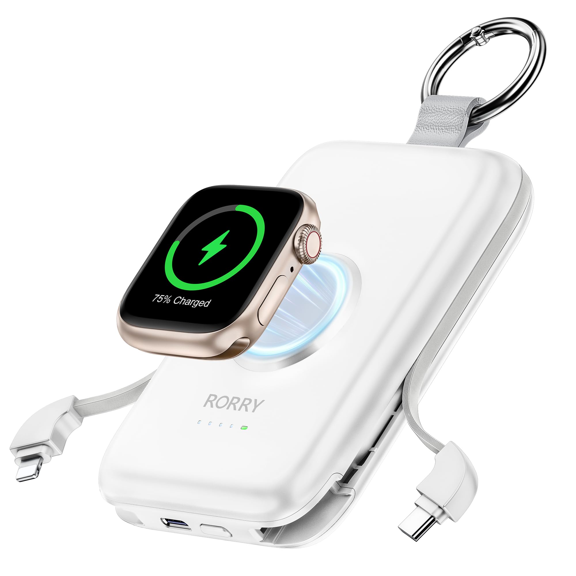 RORRY Portable Charger, 10000mAh PD 20W Fast Charging Portable Charger Power Bank with Built in Cables, Travel Battery Pack for iPhone 16/15/14/13/12 and Apple Watch Ultra/9/8/7/6/5/4/3/2, Black