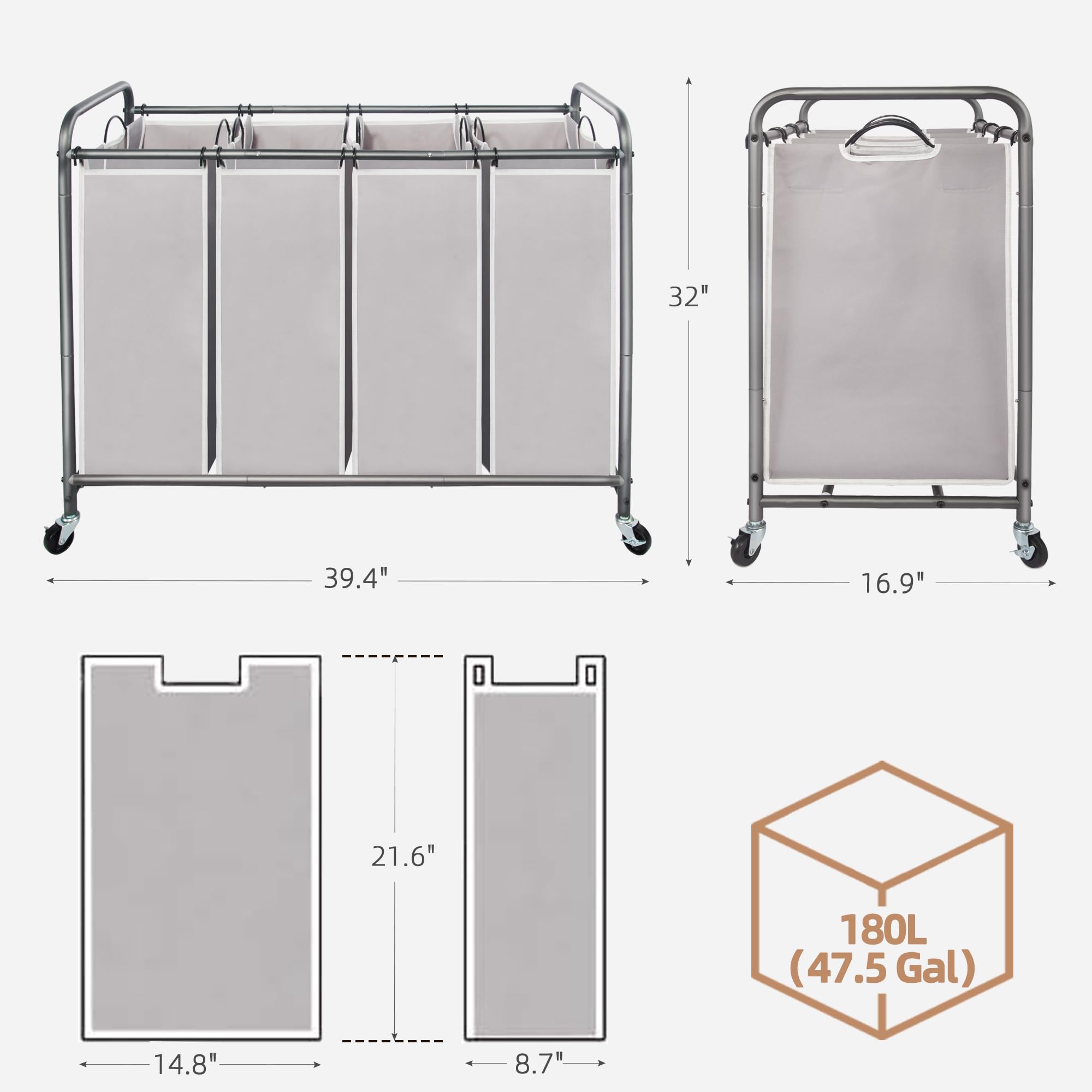 STORAGE MANIAC Laundry Sorter 4 Section, 47.8 Gal (181 L) Laundry Hamper with Wheels, Clothes Divider Basket Sorter, Clothes Separator Hamper Cart with Wheels and Removable Bags, Gray