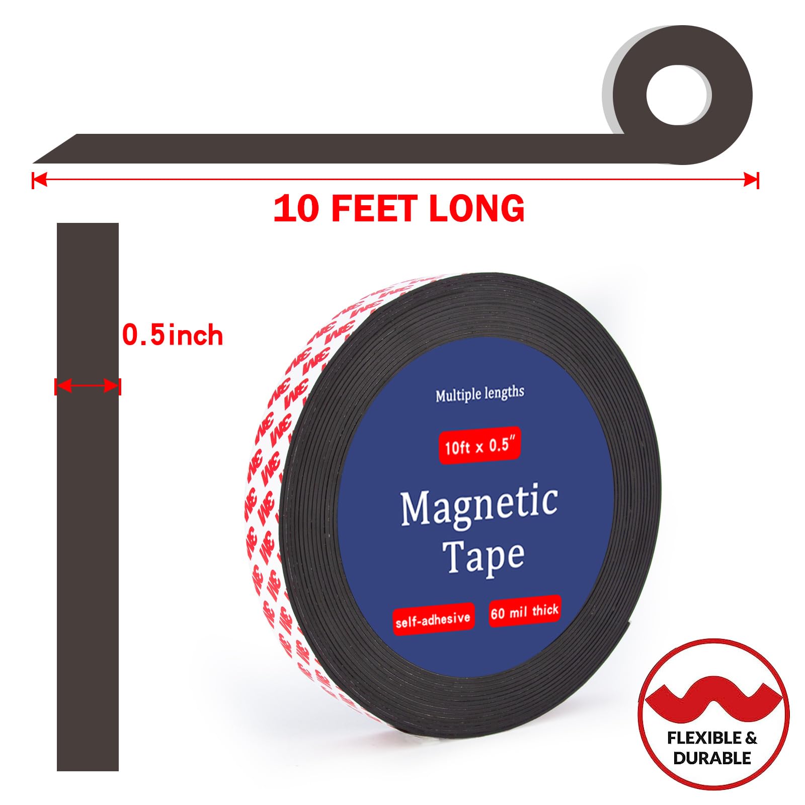Towjug 10 Feet x1/2 in Magnetic Tape Strips Roll with 3M Adhesive Backing, Flexible Sticky Magnet Tape for Lightweight Craft DIY Projects, Whiteboards and Fridge Organization (0.06" Thick)