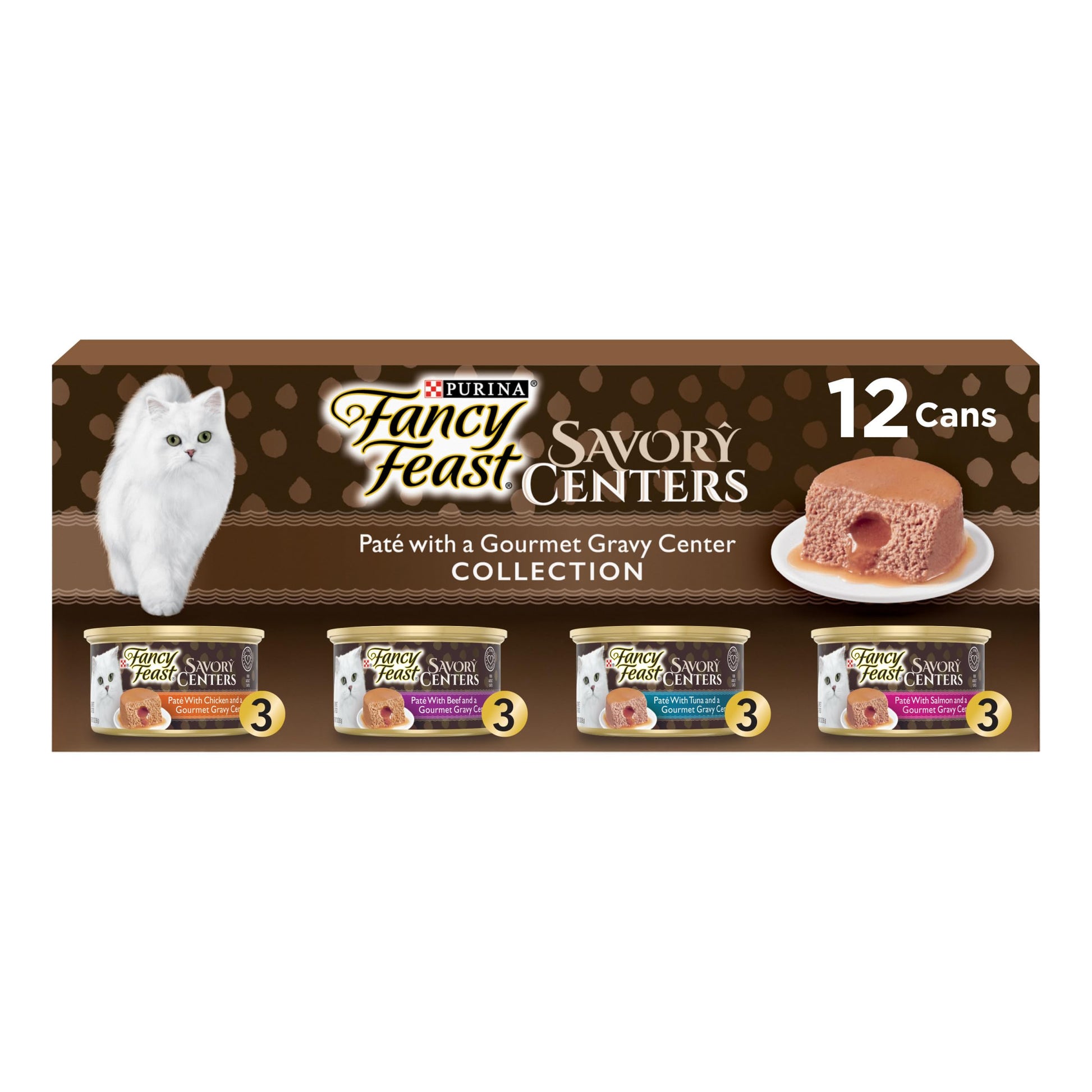 Purina Fancy Feast Savory Centers Wet Cat Food Pate Variety Pack With Chicken, Salmon, Beef, and Tuna Pate with Gravy Center - (Pack of 24) 3 oz. Cans