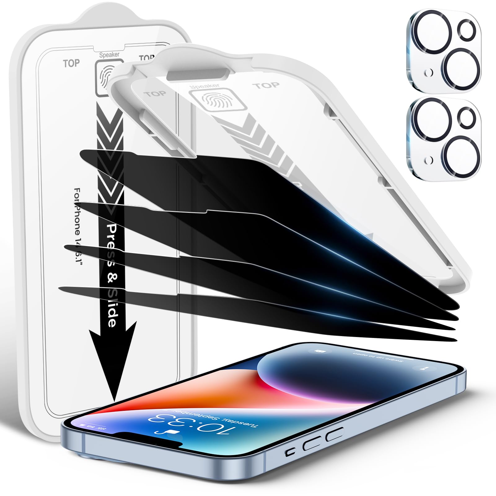 EZ-GLAZ-4 Pack Privacy Screen Protector for iPhone 14 Pro[6.1 inches] With 2 Pack Camera Lens Protector, [Drop Protection] 9H Hardness Scratch Resistant Tempered Glass Film, Easy to install
