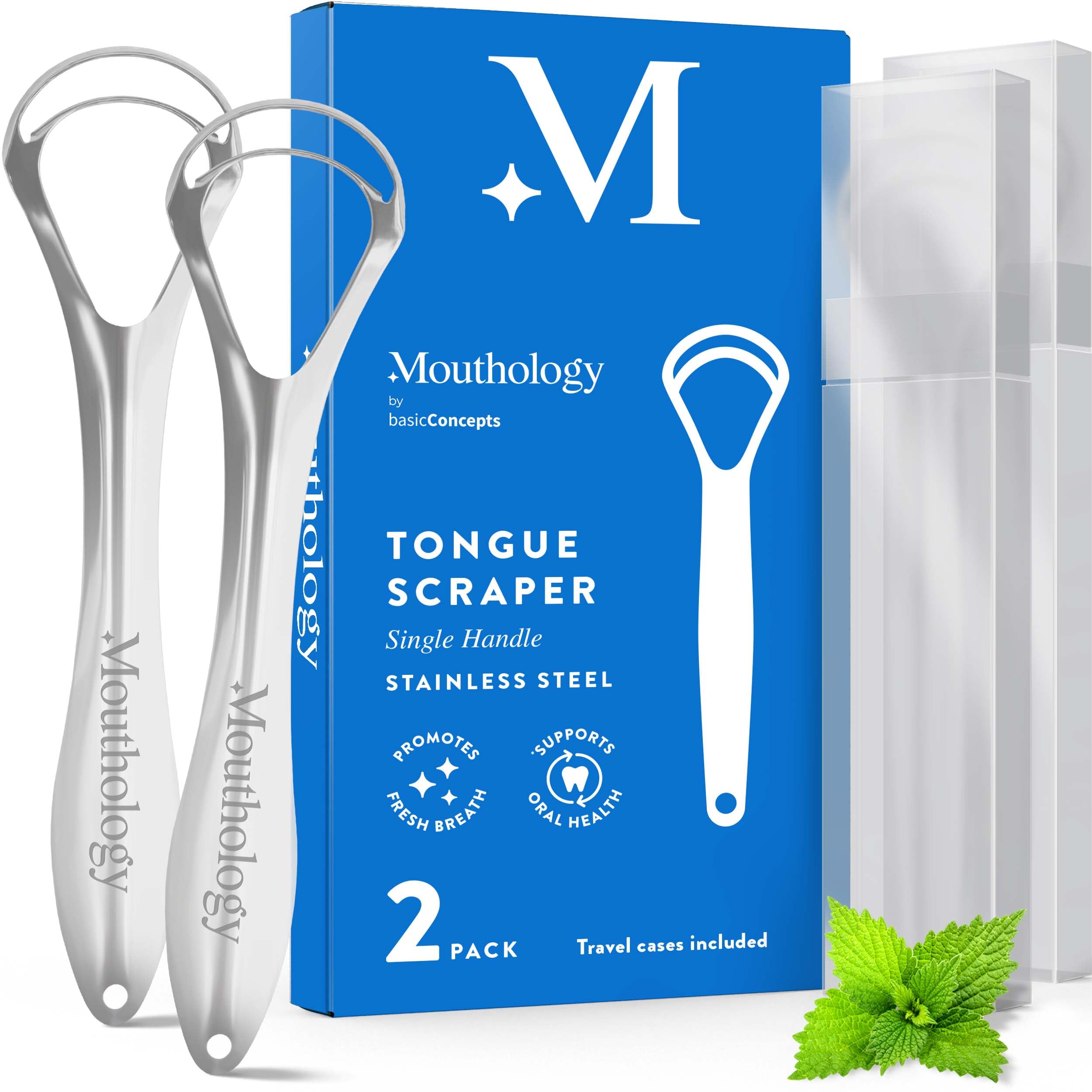 BASIC CONCEPTS Tongue Scraper (2 Pack), Reduce Bad Breath (Travel Cases Included), Stainless Steel Tongue Cleaners, Metal Tongue Scraper, Tongue Scraper for Adults - Fresher Breath in Seconds