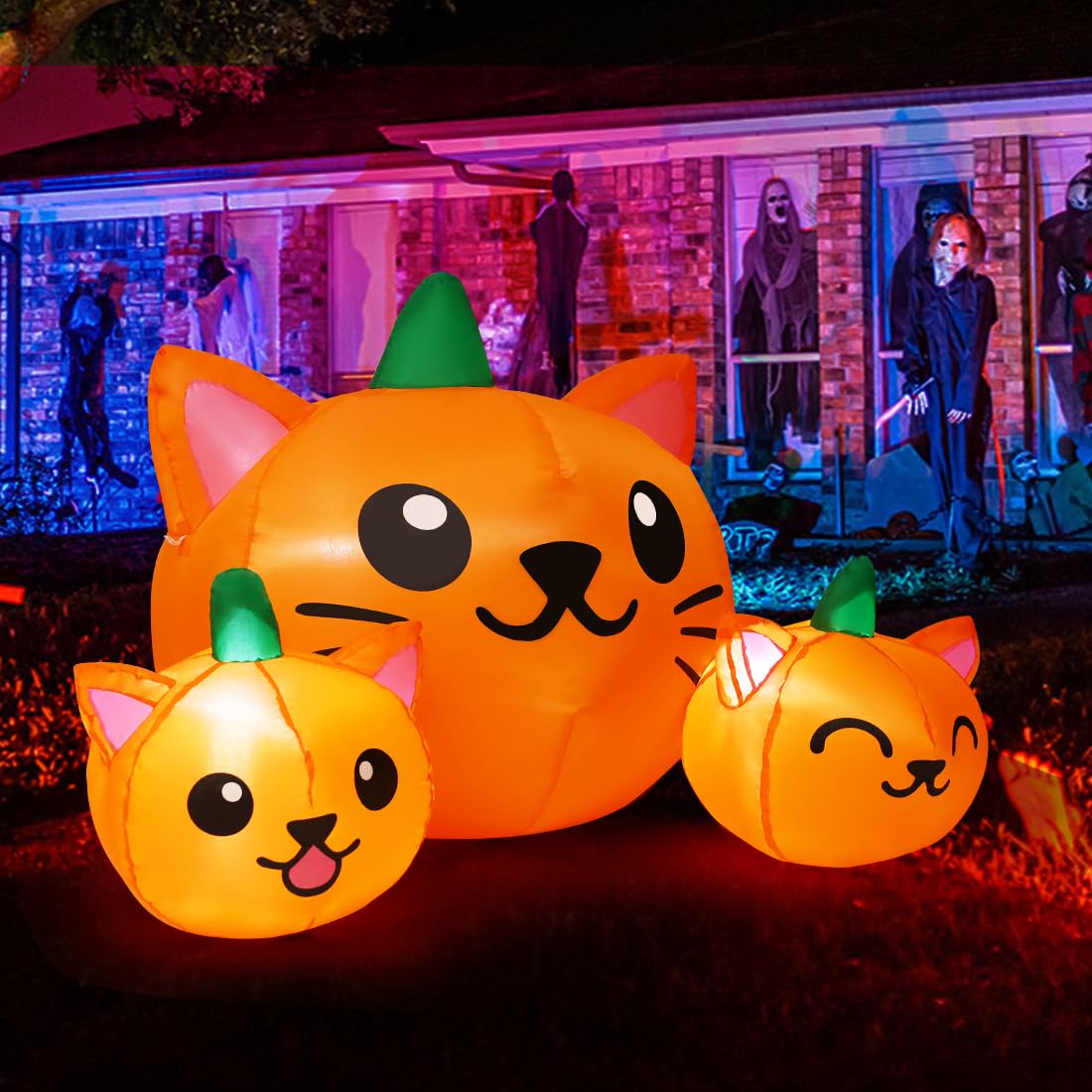 COMIN Halloween Inflatable 5FT Long Three Pumpkin Cat Head Combo with Built-in LEDs, Blow Up Yard Decoration for Holiday Party Indoor, Outdoor, Yard, Garden, Lawn