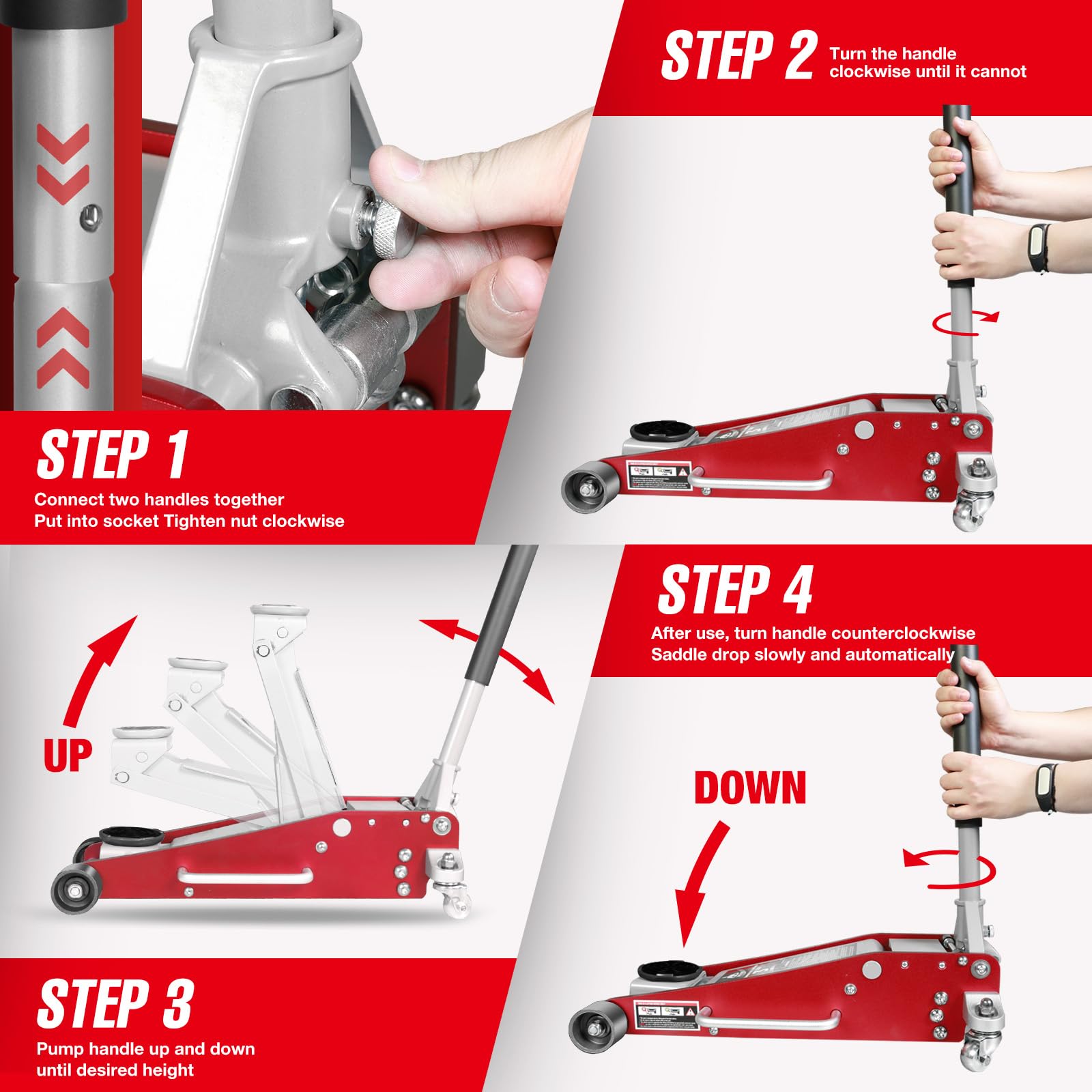 Jack Boss 3 Ton Low Profile, Aluminum and Steel Racing Floor Jack with Dual Pistons Quick Lift Pump for Sport Utility Vehicle, Lifting Range 3-15/16" min to 18-5/16" max, Net Weight 58.5 lb, Red