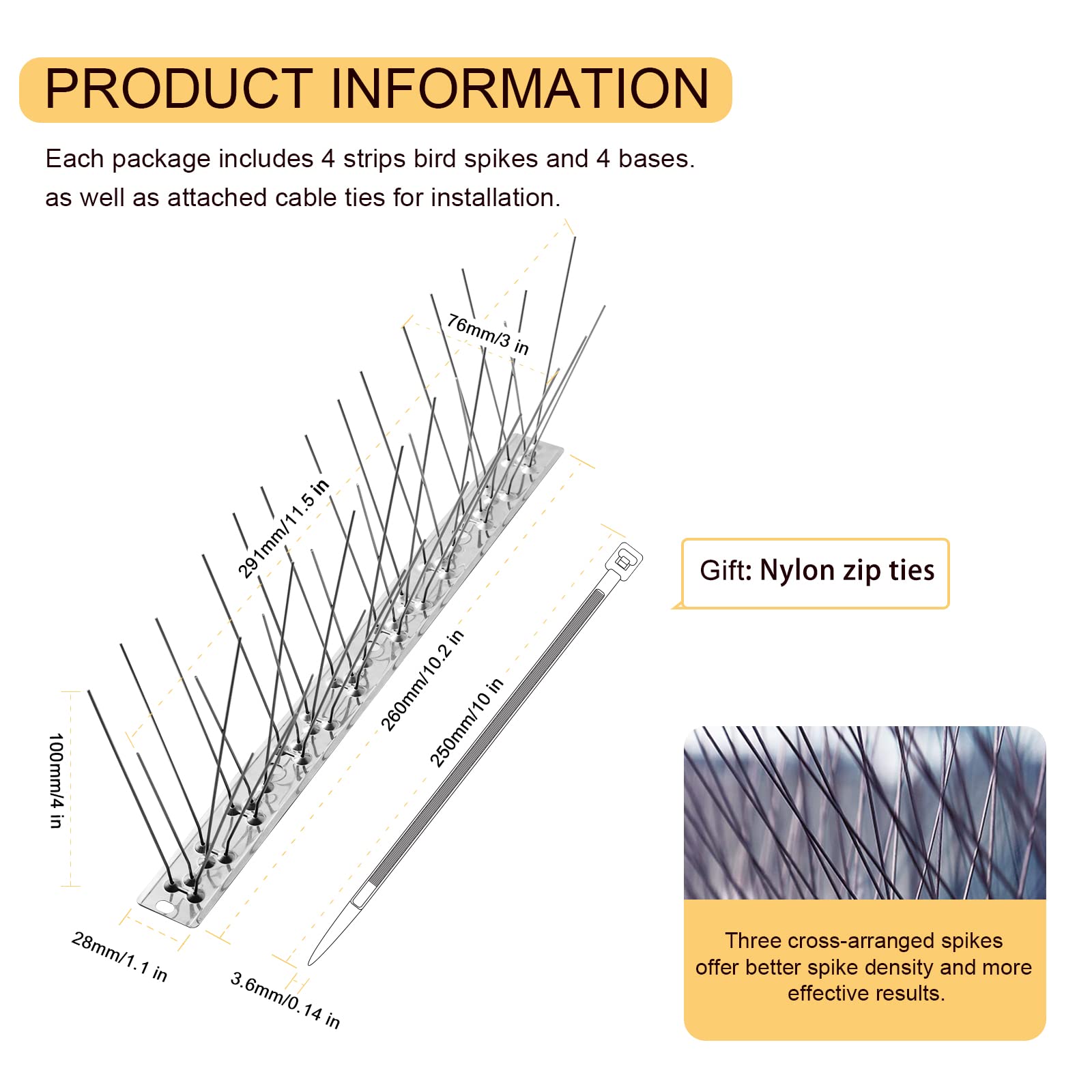 OFFO Bird Spikes with Stainless Steel Base, Durable Bird Spikes Arrow Pigeon Spikes Fence Kit for Keeping Small Bird, Crows and Woodpeckers Away, Covers 3.4 Feet(1.04m)