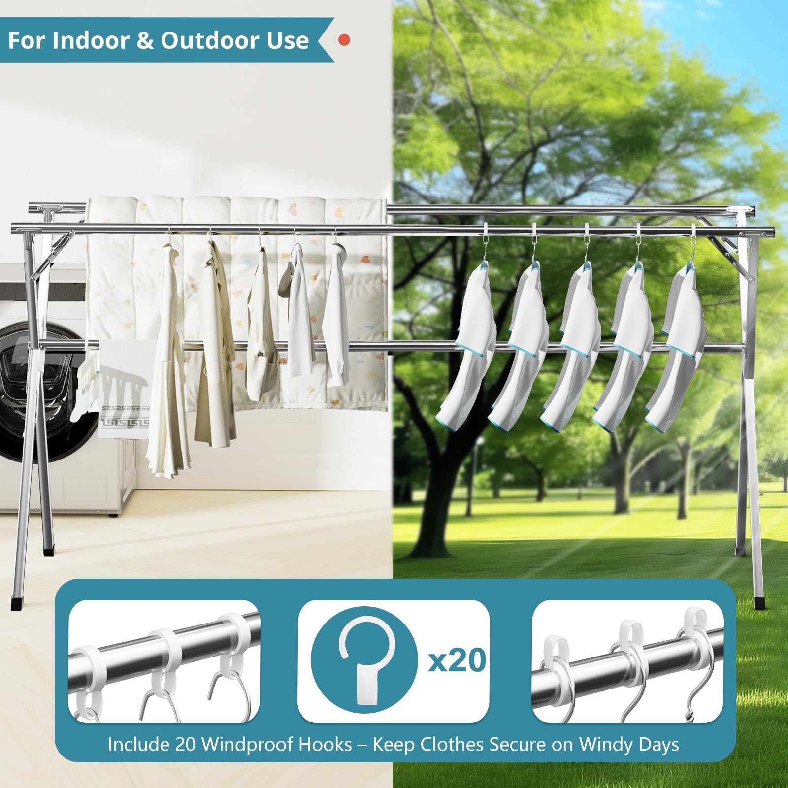 JAUREE 79 Inches Clothes Drying Rack, Drying Rack Clothing Folding Indoor Outdoor, Heavy Duty Stainless Steel Laundry Rack, Foldable Portable Large Clothes Rack Garment Rack with 20 Windproof Hooks