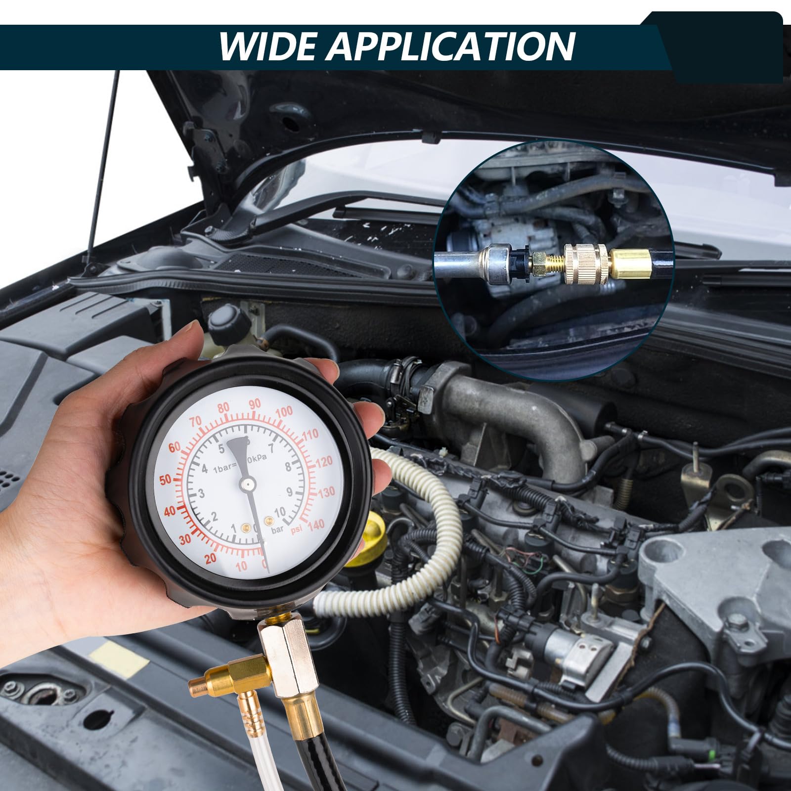 0-140PSI Fuel Pressure Tester Kit, Fuel Injector Injection Pump Pressure Gauge, Fuel Pump Pressure Tester Diagnostic Tool for Gasoline Cars, Trucks, Motorcycles and RVs