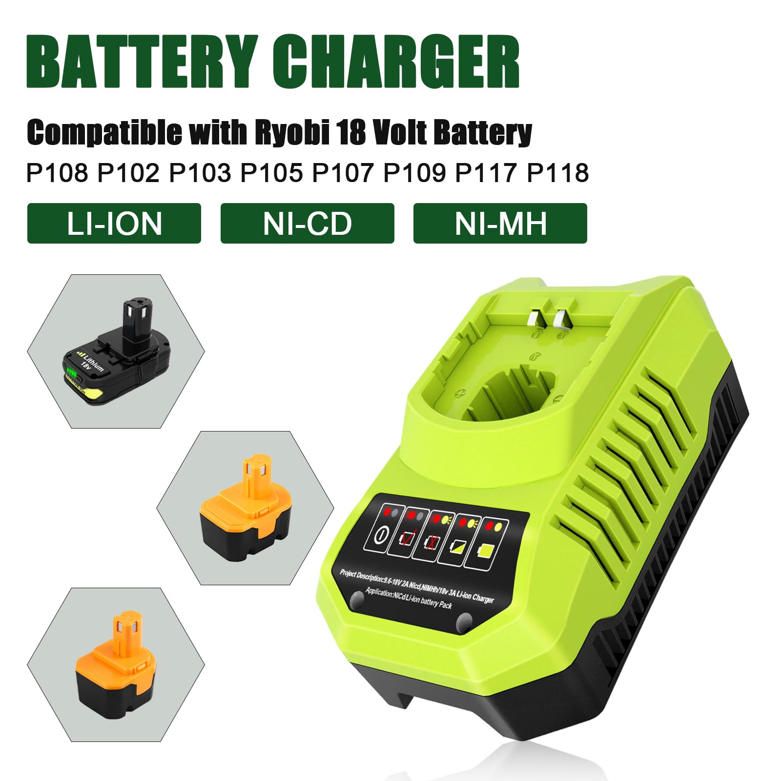 2Pack P108 P102 3.6Ah Replacement for Ryobi 18V Battery and P117 Charger Combo Compatible with Ryobi 18 Volt Battery P103 P104 P105 P107 P109 P190 P191 P122 Cordless Tool