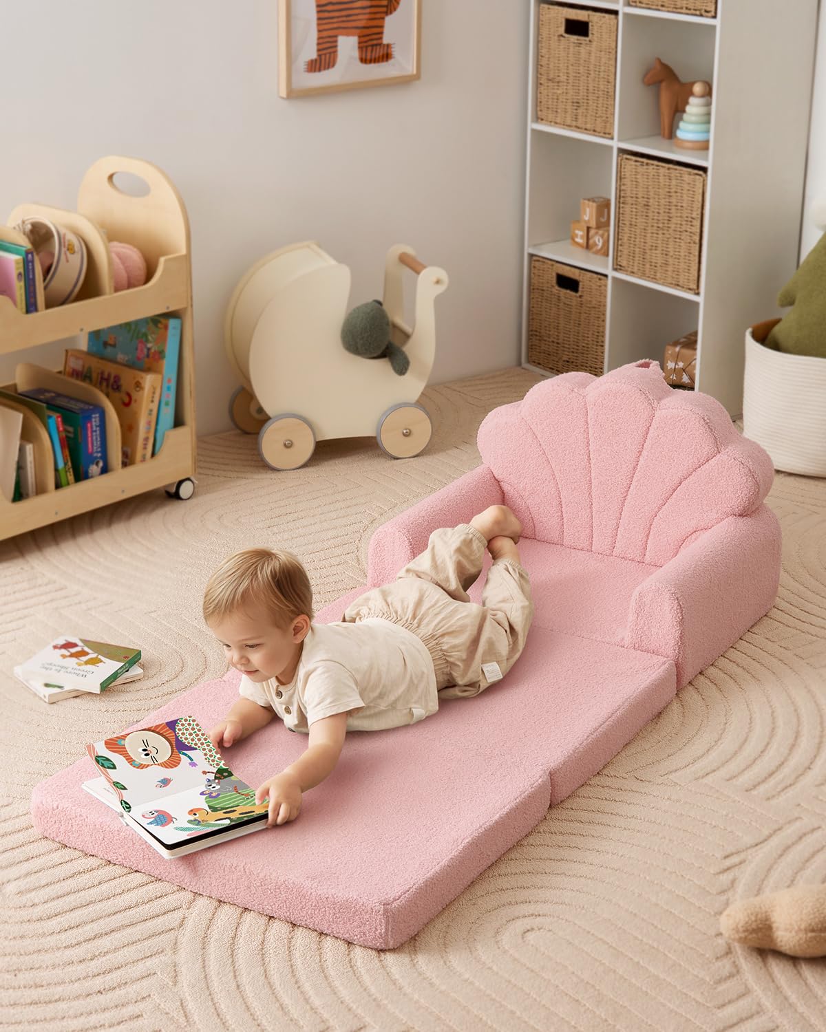 Blissful Diary Kids Couch, 2-in-1 Soft Toddler Couch Fold Out, Toddler Chair Comfy, Convertible Sofa to Lounger, Kids Furniture for Playroom, Gift for Birthday, Children's Day, Pink Shell
