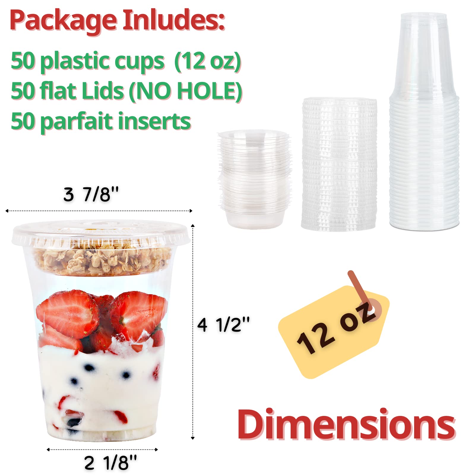 12 oz Clear Plastic Parfait Cups with Insert 3.25oz & Flat Lids No Hole - (50 Sets) Yogurt Fruit Parfait Cups for Kids, for Dips and Veggies, Take Away Breakfast and Snacks. No Leaking