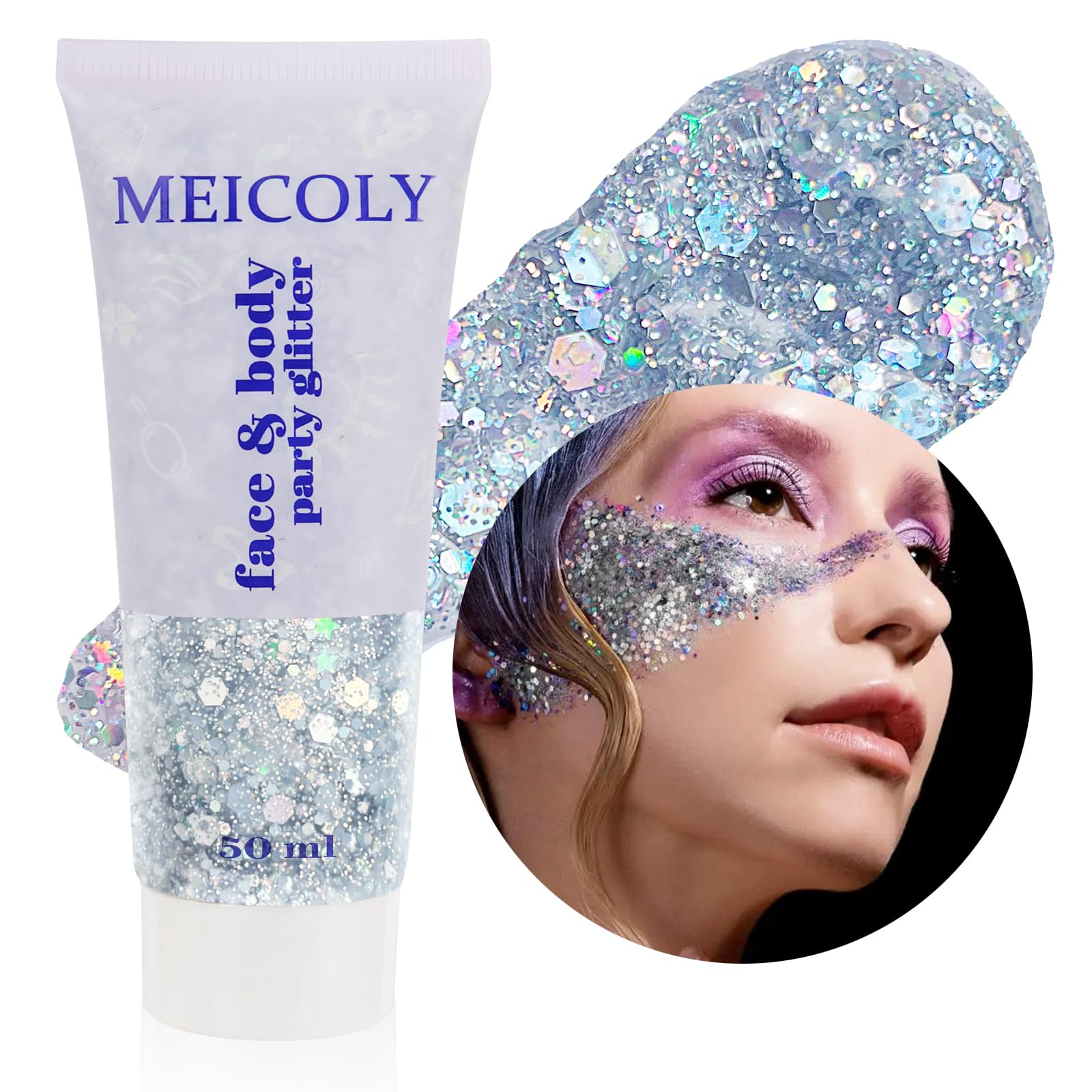 MEICOLY Clear White Body Glitter,Mardi Gras Face Glitter Singer Concerts Festival Rave Accessories,Chunky Hair Sparkling Halloween Glitter Gel for Women,Mermaid Sequins Glitter Face Paint,50ml