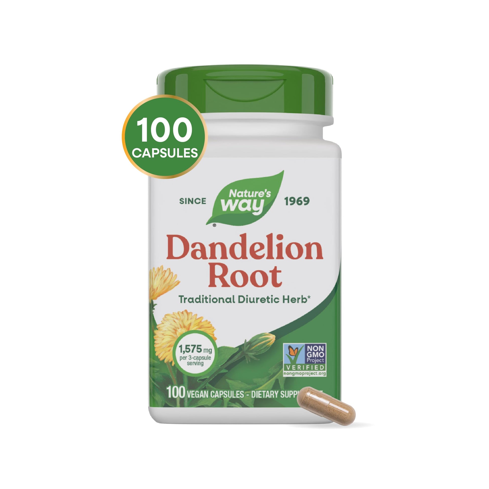 Nature's Way Dandelion Root, Traditional Diuretic Herb*, Vegan Dandelion Root Capsules, 100 Count (Packaging May Vary)
