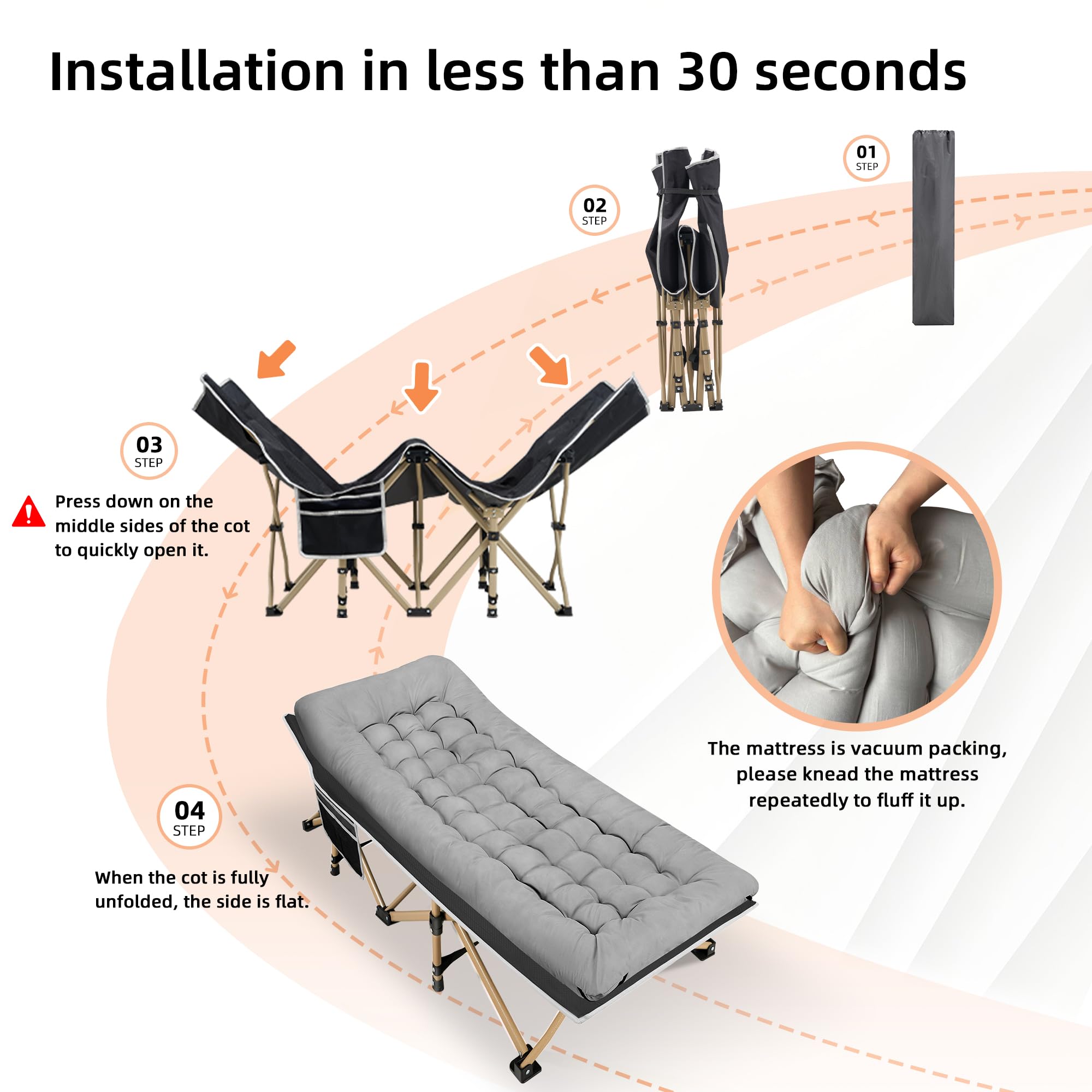 Fragess Portable Camping Cot, 600LBS Max Load, Extra Wide with Thick Mattress, Folding Cot for Outdoor Camping/Office, Home Nap (Grey)