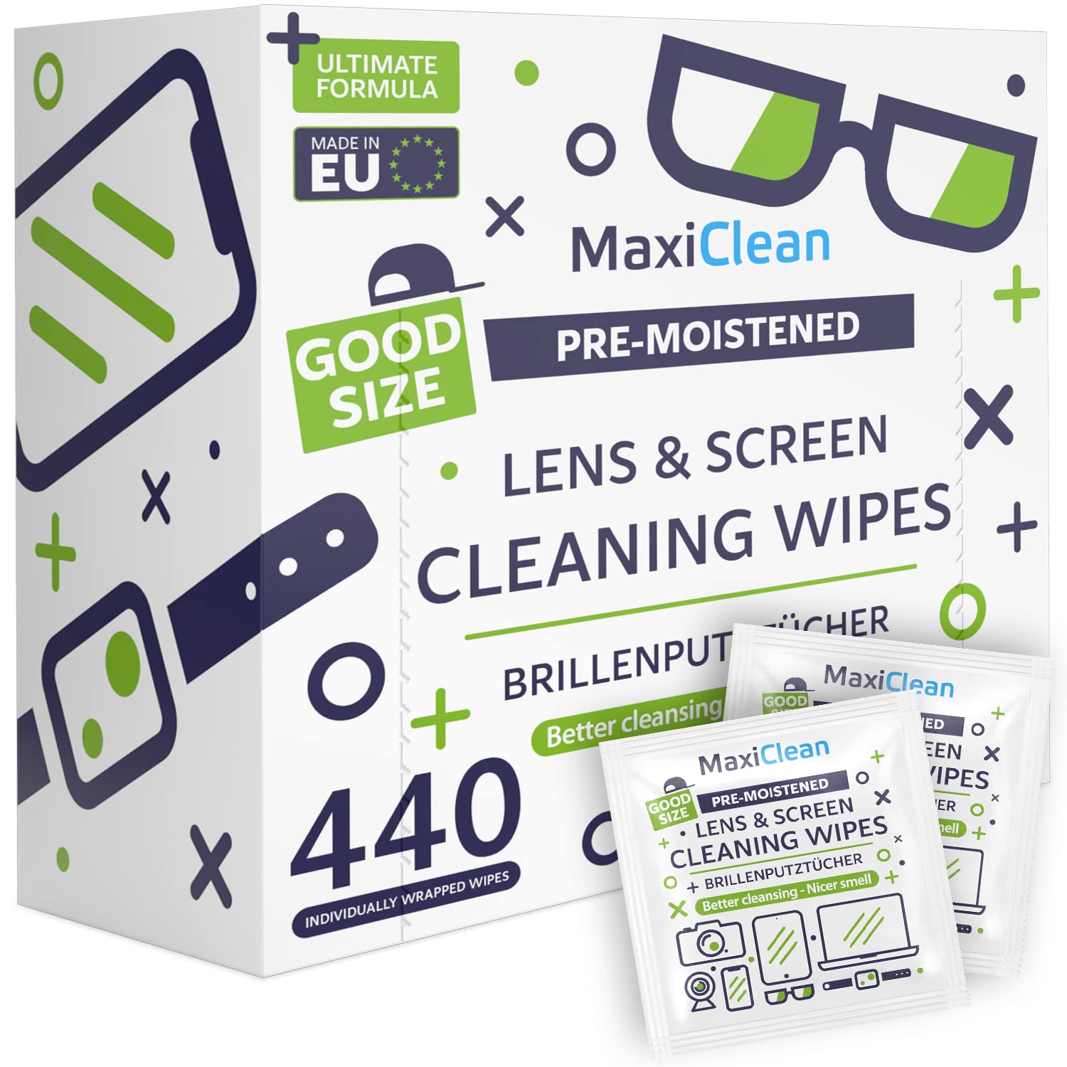 MAXI CLEAN 440 Pack Lens Wipes for Eyeglasses Pre-Moistened, Individually Wrapped Streak-Free Cleaning for Glasses & Laptop Screens, Eye Glass Cleaner Wipe Bulk 5.5 x 4.7 Inch, Sunglasses & Phone Wipe