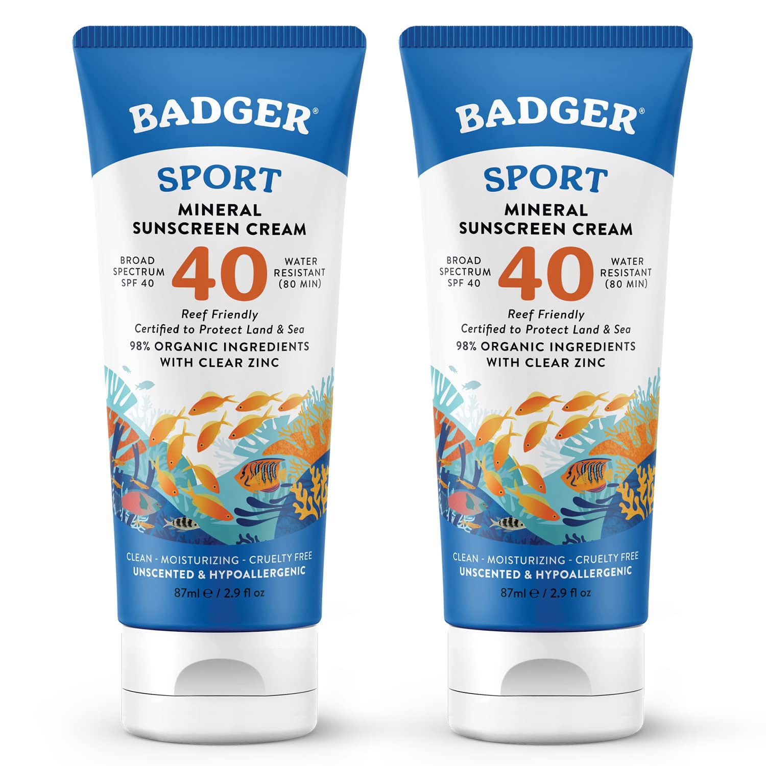 Badger Reef Safe Sunscreen, SPF 40 Sport Mineral Sunscreen, 98% Organic Sunscreen Ingredients, Broad Spectrum, Water Resistant, Zinc Oxide Sunscreen, Unscented, 2.9 fl oz (2 Pack)