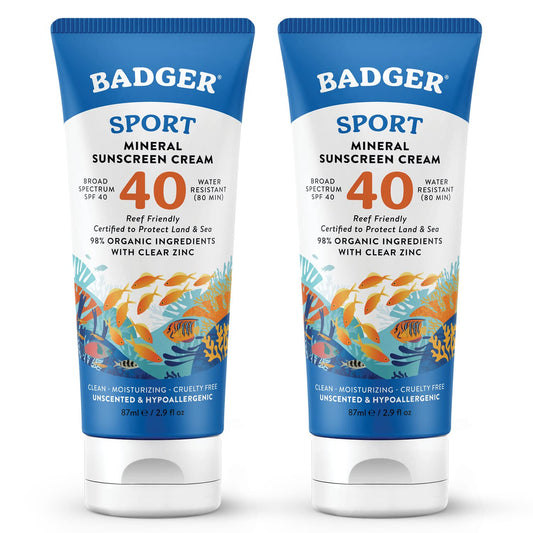 Badger Reef Safe Sunscreen, SPF 40 Sport Mineral Sunscreen, 98% Organic Sunscreen Ingredients, Broad Spectrum, Water Resistant, Zinc Oxide Sunscreen, Unscented, 2.9 fl oz (2 Pack)