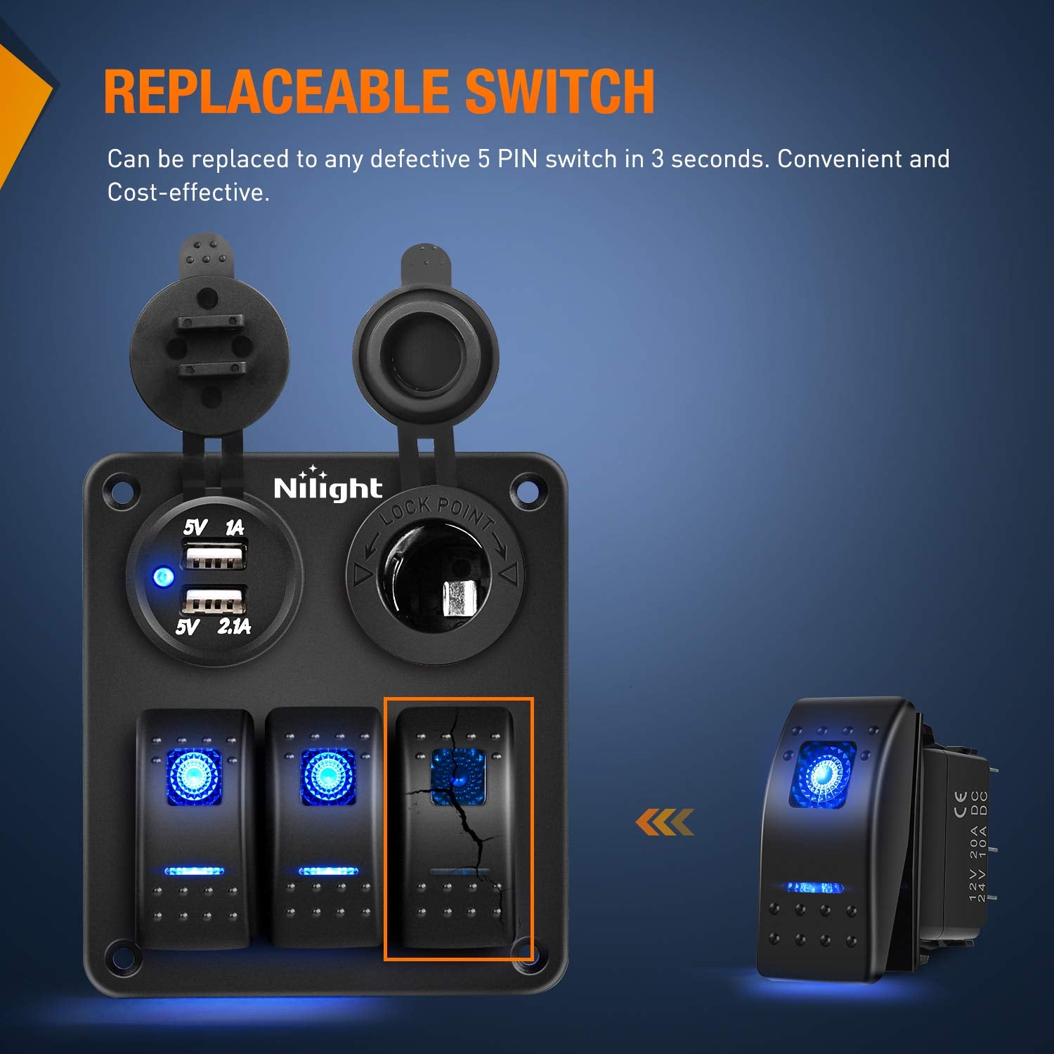 Nilight 6PCS 5PIN SPST Rocker Switches with 6 Sets Jumper Wires Set 20A/12V 10A/24V On/Off Toggle Switches with Night Glow Sticker for Trucks Boats Auto Motorcycles,2 Years Warranty (90131F) , Blue