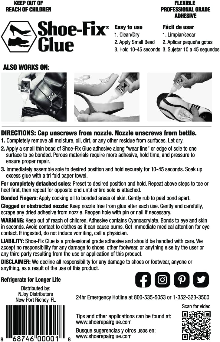 Shoe-Fix Glue Professional Grade Repair Adhesive for All Footwear Instant Bond, Clear Drying, Flexible, & Durable for Heels, Sandals, Boots, Athletic Shoes, & More (20g Tube)