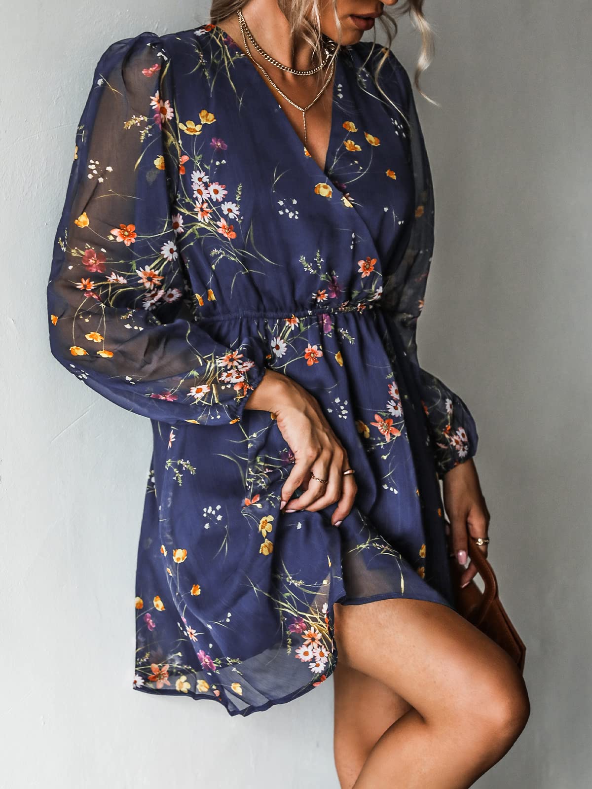 CUPSHE Women's Floral Print Sheer Chiffon A-Line Mini Dress Long Peasant Sleeves Elastic Autumn Dress,L