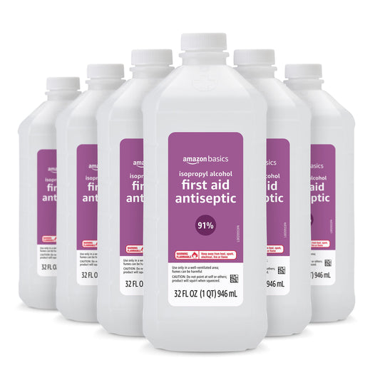 Amazon Basics 91% Isopropyl Alcohol First Aid Antiseptic Liquid, Unflavored, 32 Fl Oz (Pack of 6) (Previously Solimo)