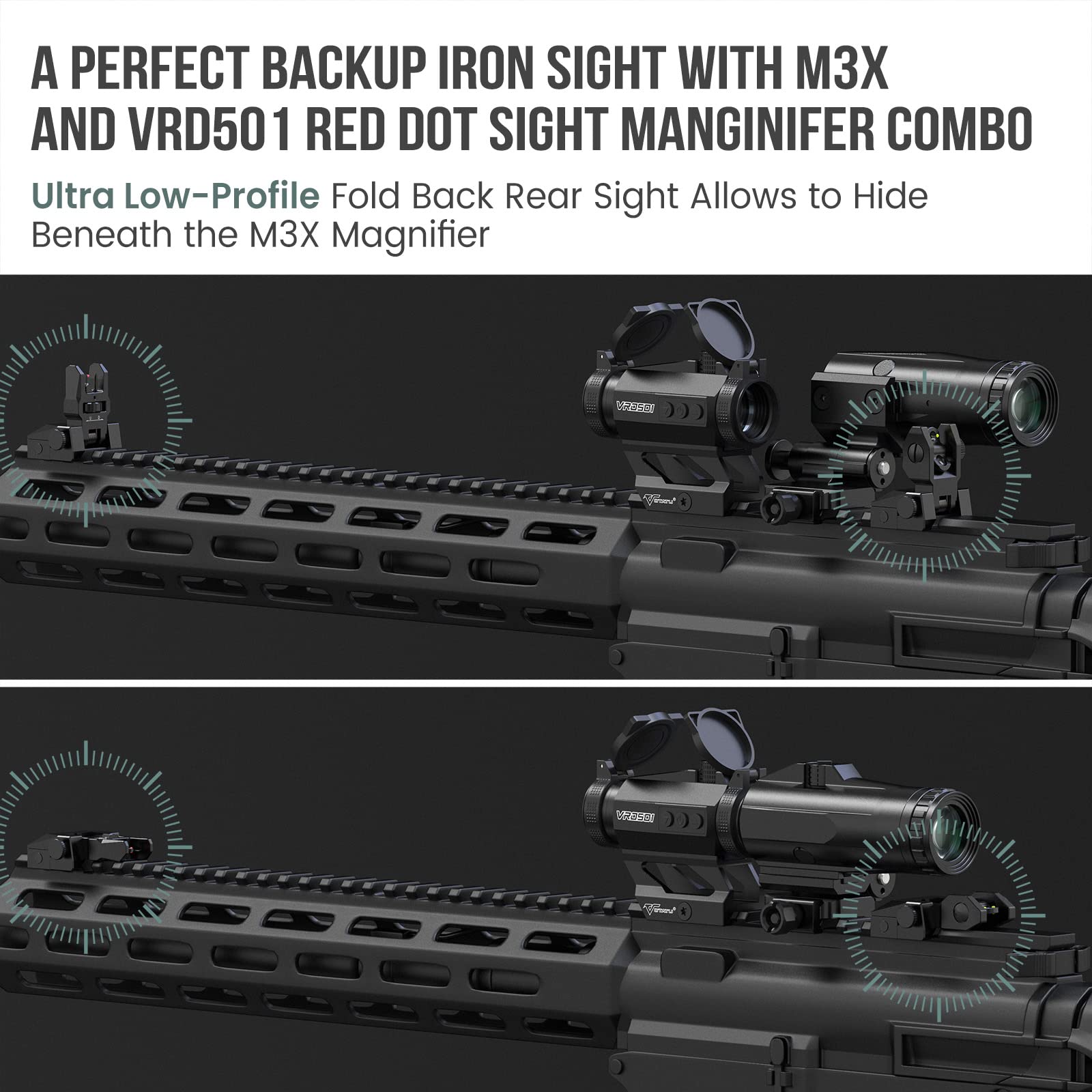 VOTATU V2 Fiber Optic Iron Sights, Flip Up Front and Rear Backup Sights with Green Red Dots, Adjustable Front Sight Rapid Transition