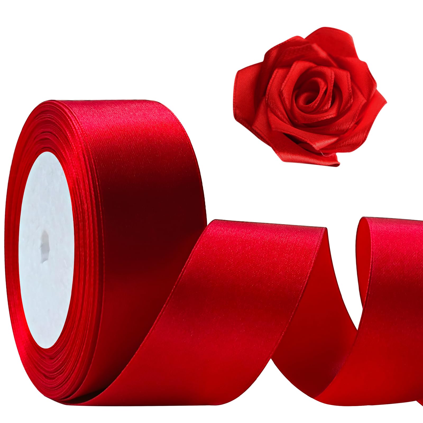 Flezoo 25 Yards Red Satin Ribbon 1 1/2inch, Single Face Polyester Silk Fabric Hair String Ribbon for Craft, Flower Bouquets, Gift Wrapping, Wedding, Bow Making and Valentines Decoration