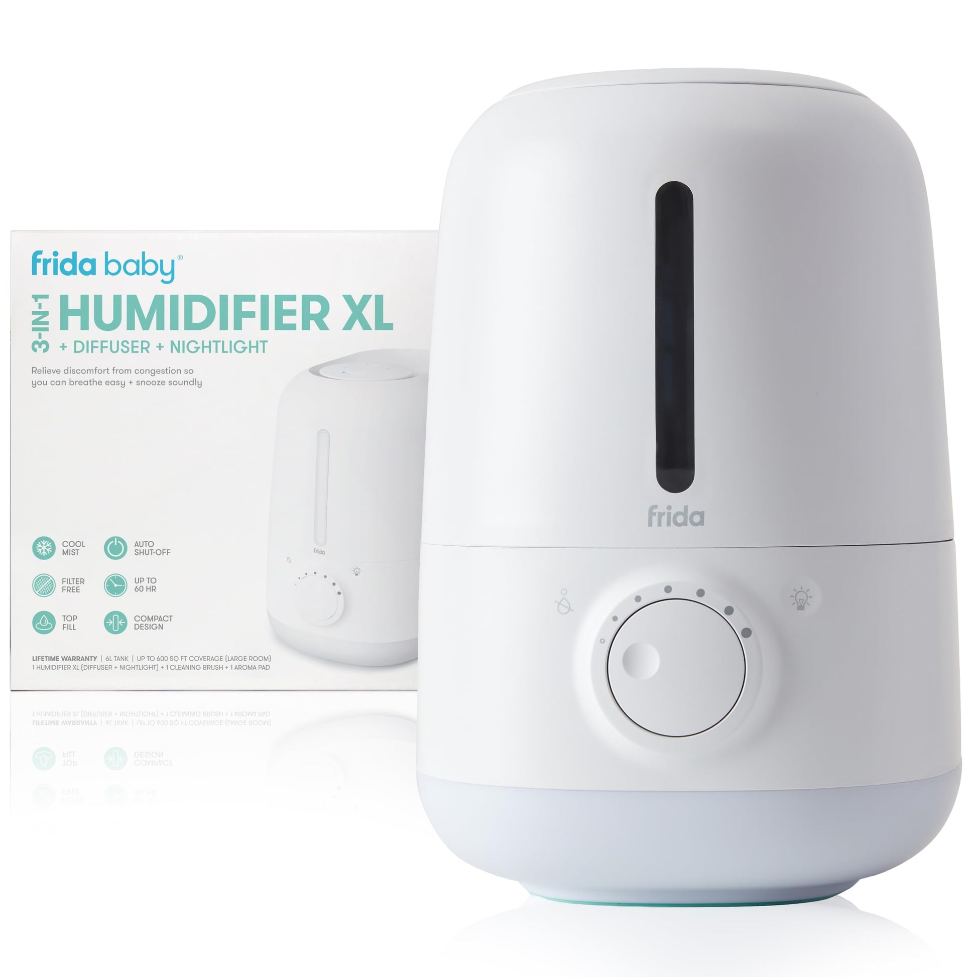 Frida Baby 3-in-1 XL Top Fill Humidifier for Bedroom, 6L Tank Cool Mist Humidifier for Large Rooms + Diffuser, Nightlight, Auto Shut-Off, Quiet, Carry Handle, Night Light, Essential Oil Diffuser