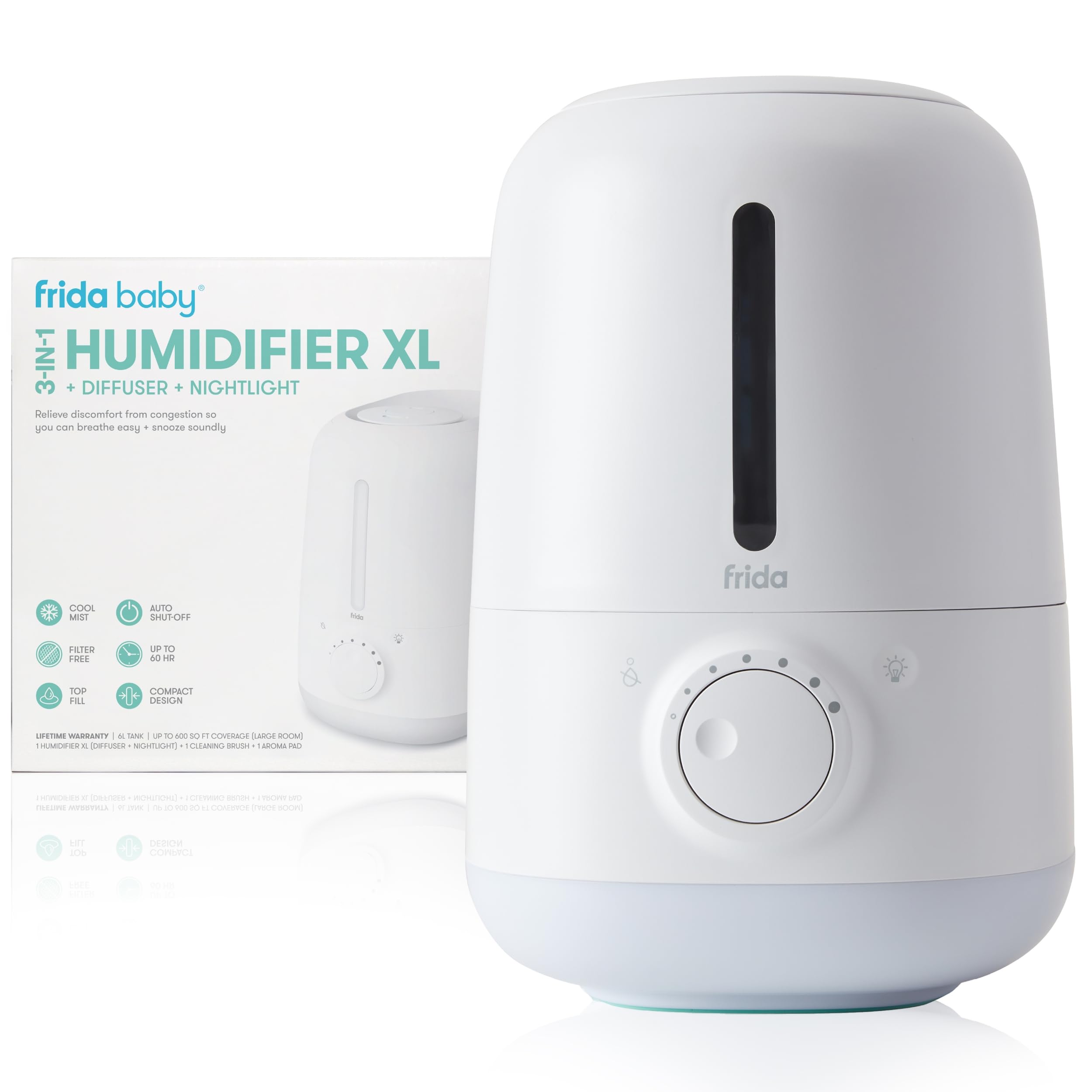 Frida Baby 3-in-1 XL Top Fill Humidifier for Bedroom, 6L Tank Cool Mist Humidifier for Large Rooms + Diffuser, Nightlight, Auto Shut-Off, Quiet, Carry Handle, Night Light, Essential Oil Diffuser