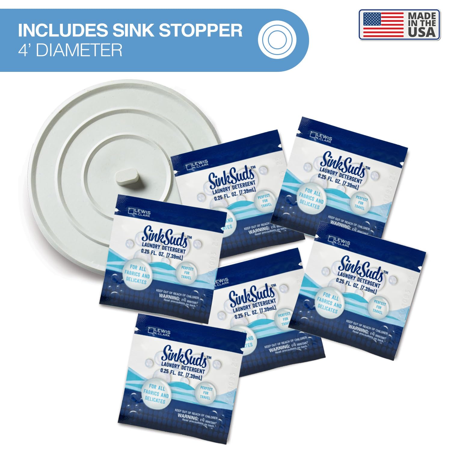 SinkSuds Laundry Detergent Travel Size Liquid Soap TSA Compliant Safe for All Fabrics 6 Packets & 1 Sink Stopper