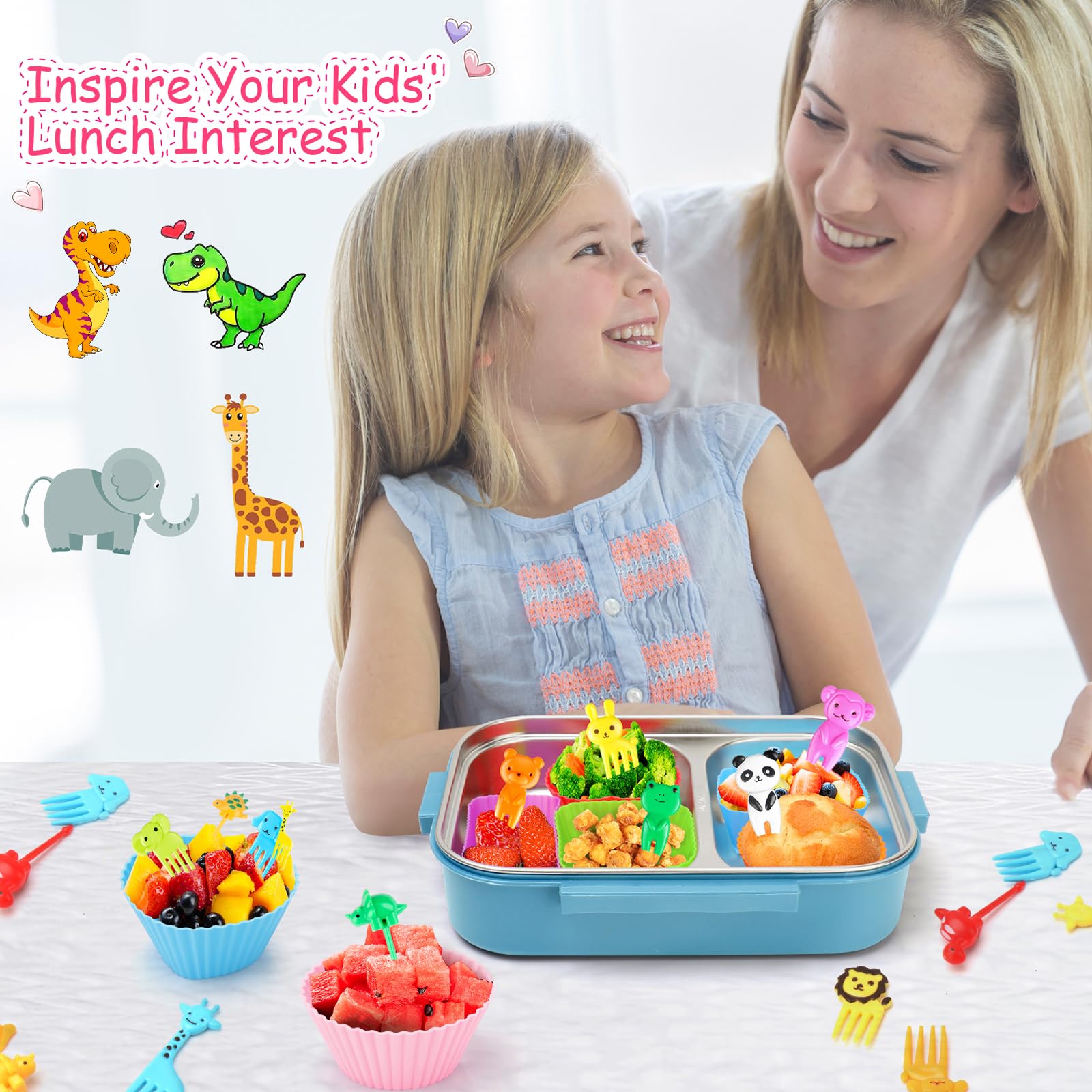 100PCS Silicone Lunch Box Dividers for Kids Lunch Accessories Set, Including 24 Reusable Silicone Cupcake Liners Baking Muffin Cups with 76 Animal Food Picks for Kids, Lunchbox Bento Box Accessories