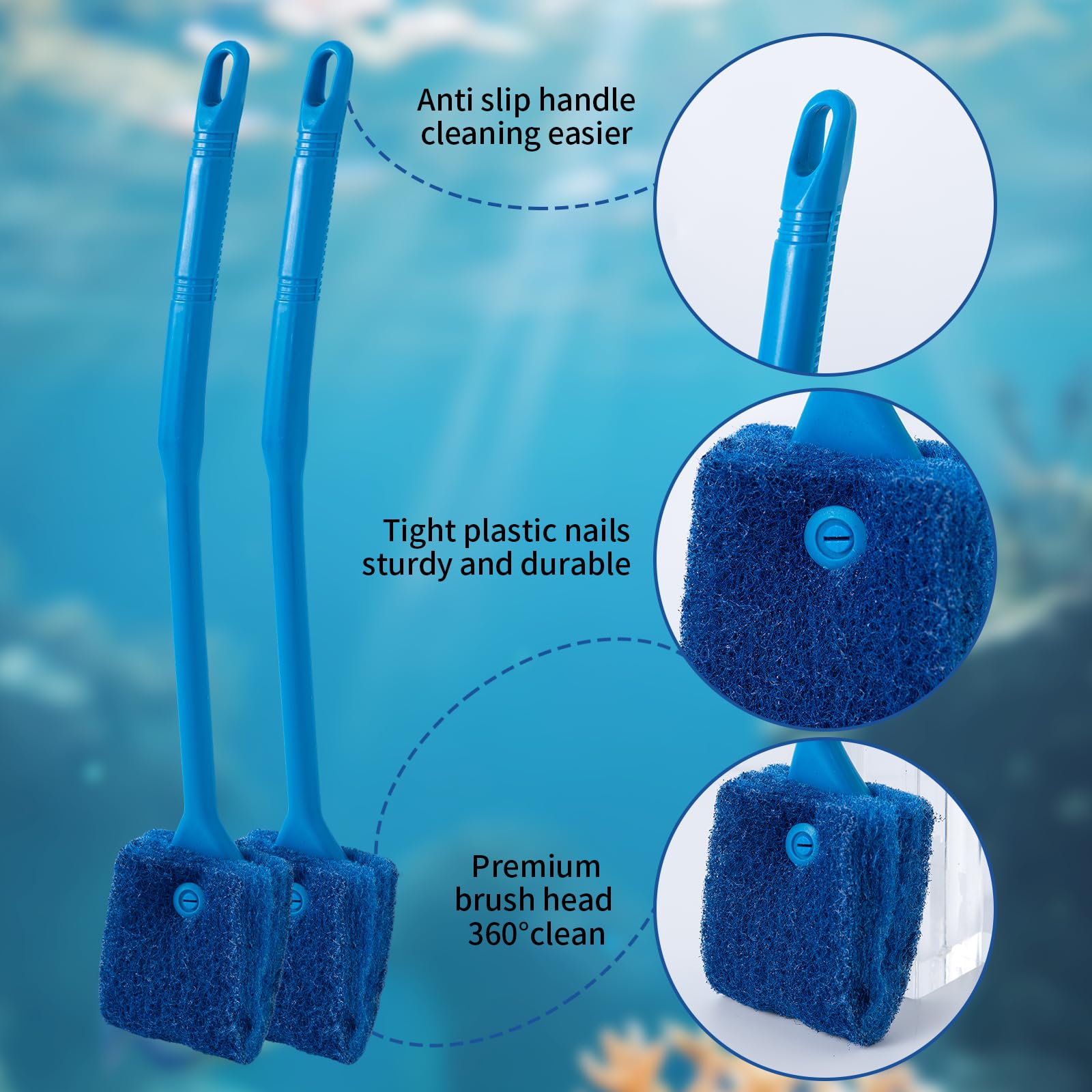 SLSON Aquarium Algae Scraper Double Sided Sponge Brush Cleaner Long Handle Fish Tank Scrubber for Glass Aquariums and Home Kitchen,15.4 inches (1)