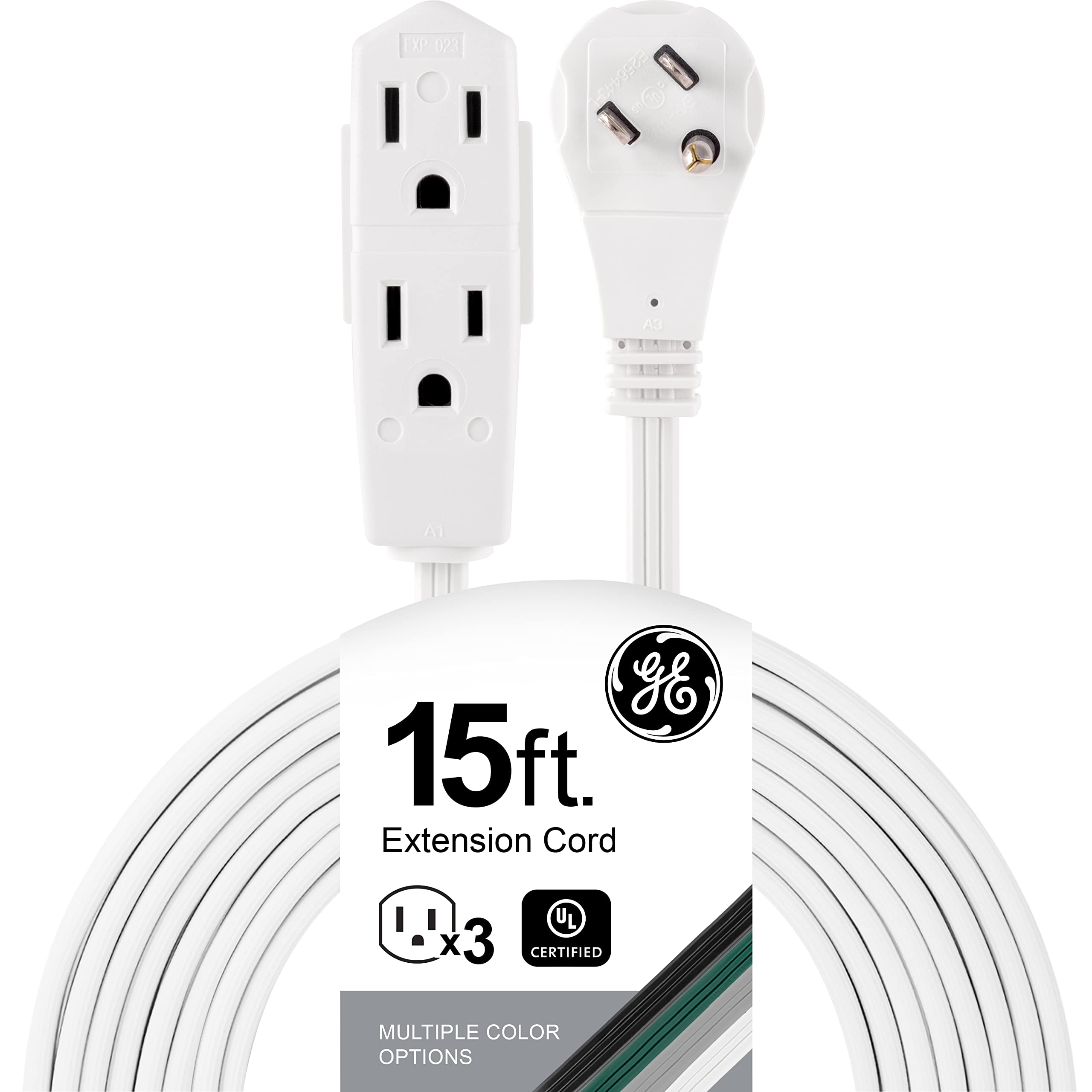 GE 3-Outlet Flat Extension Cord 15 Ft Grounded Extension Cord with Multiple Outlets 3 Prong Outlet Extender Flat Plug Power Strip Indoor Extension Cord 16 Gauge UL Listed White 56986