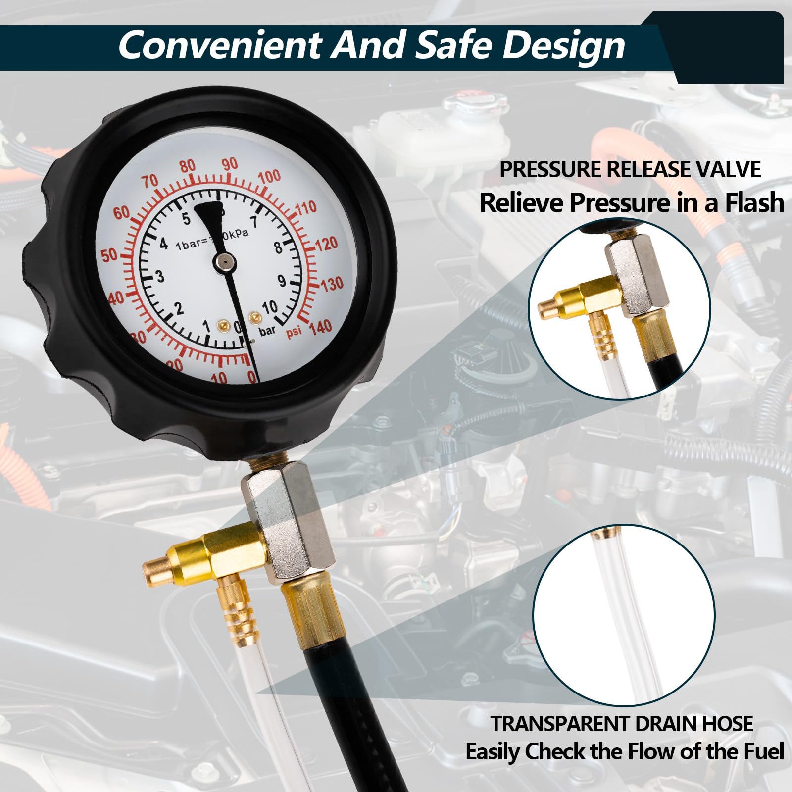 0-140PSI Fuel Pressure Tester Kit, Fuel Injector Injection Pump Pressure Gauge, Fuel Pump Pressure Tester Diagnostic Tool for Gasoline Cars, Trucks, Motorcycles and RVs