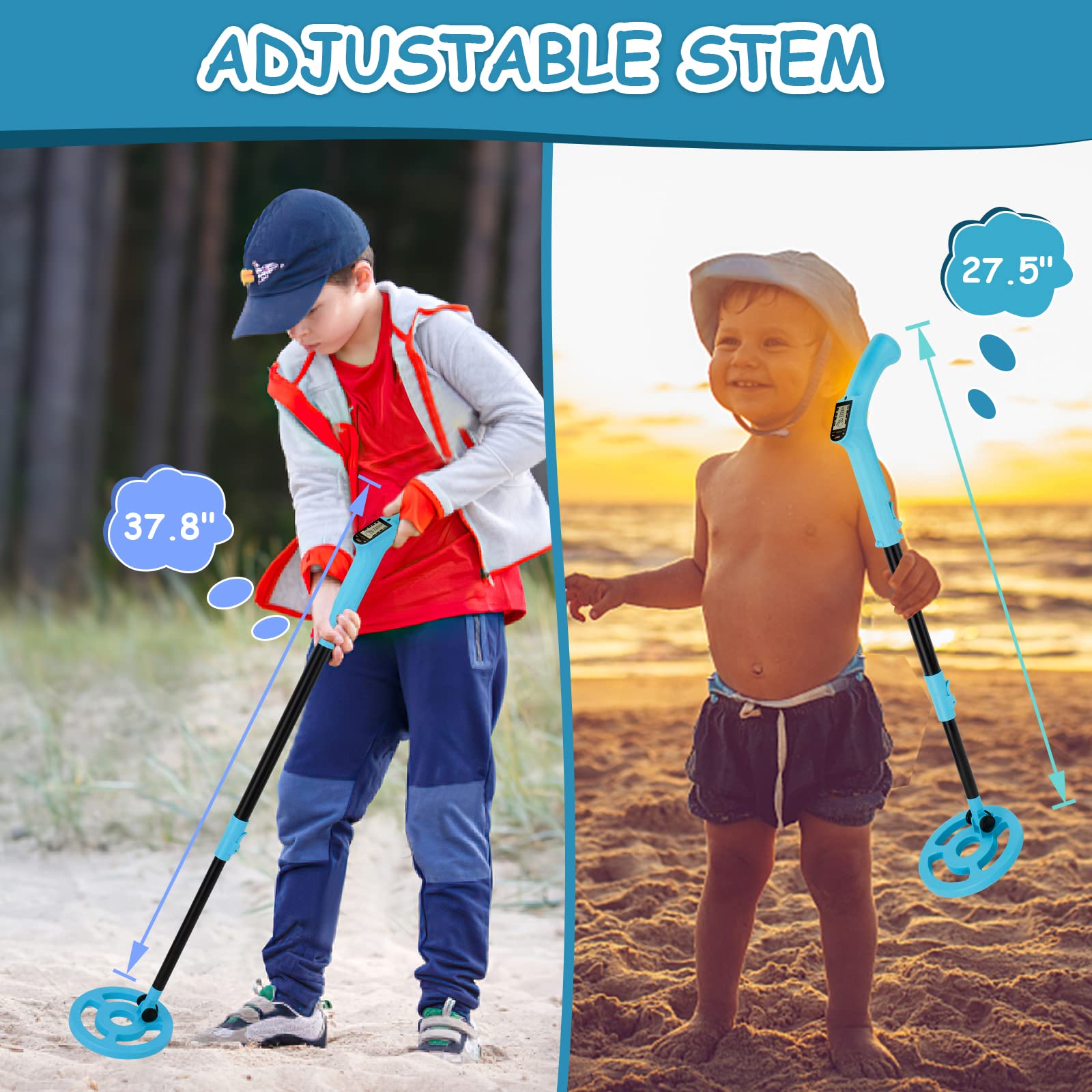 OMMO Metal Detector, Adjustable 27.5”-37.8” Metal Detector for Kids with Intuitive LCD Display, Lightweight Kids Metal Detectors with 6” Search Coil for Exploration Hiking