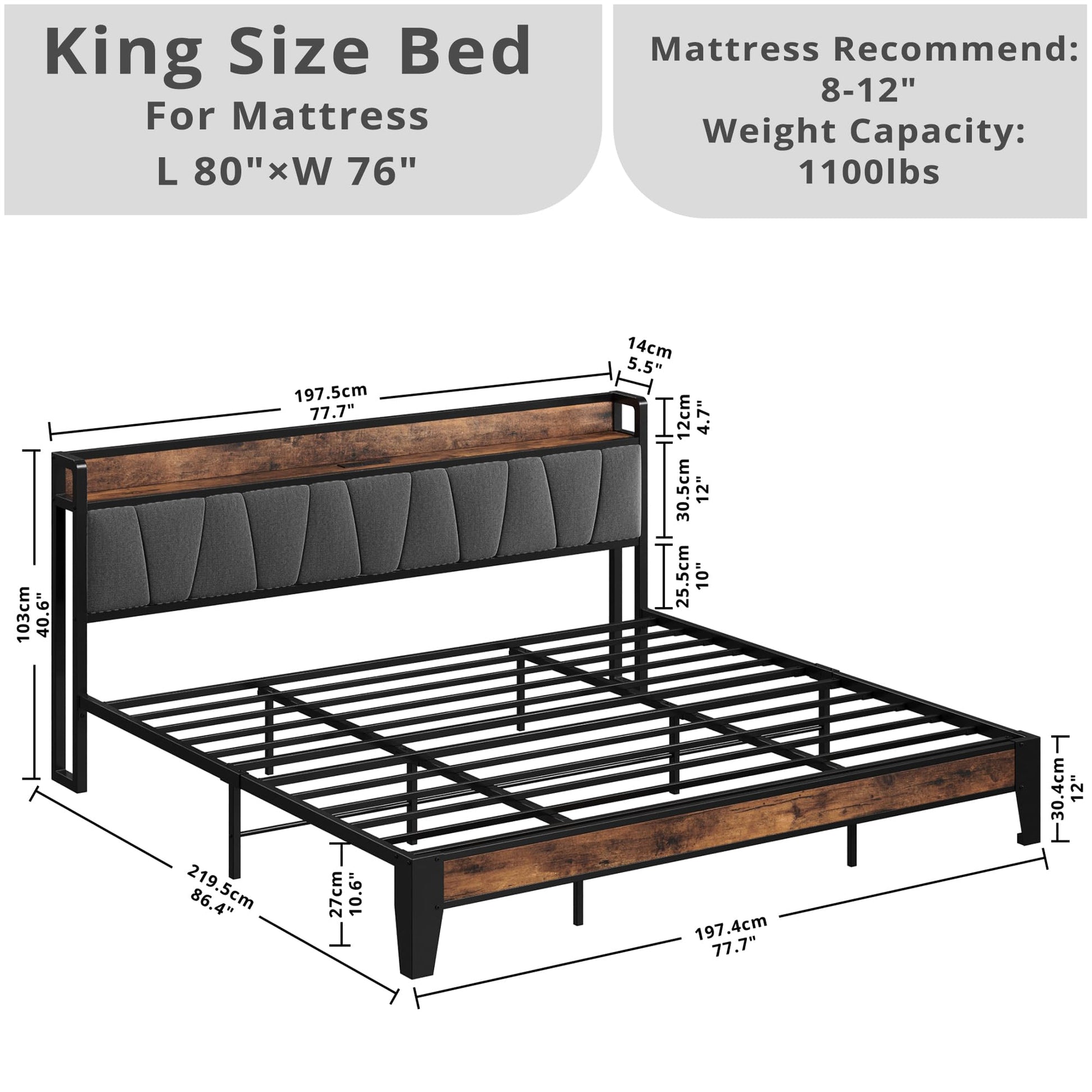 LIKIMIO King Size Bed Frame, Storage Headboard with Charging Station, Solid and Stable, Noise Free, No Box Spring Needed, Easy Assembly