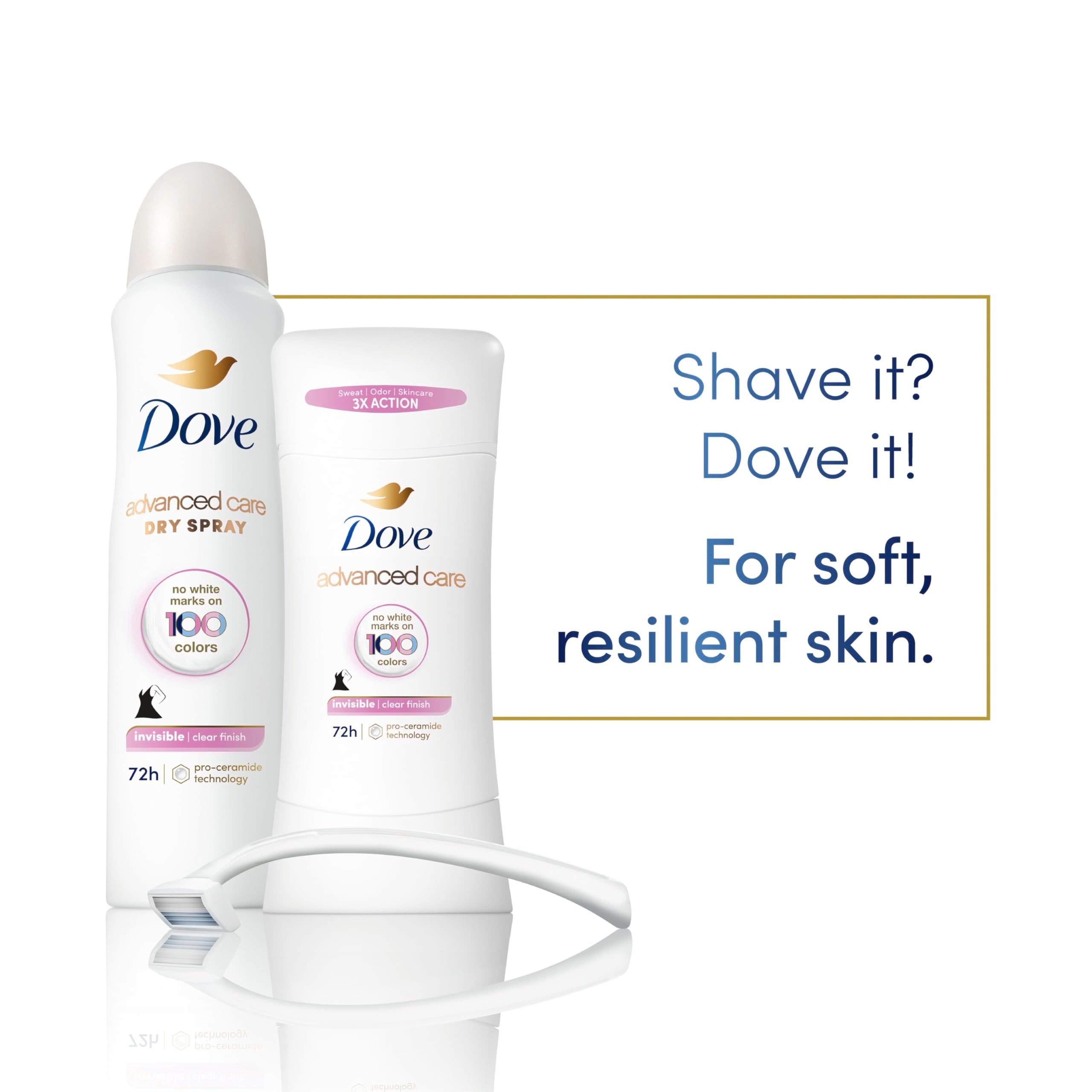 Dove Advanced Care Antiperspirant Deodorant Stick for Soft, Resilient Skin, Clear Finish with No White Marks and 72-Hour Sweat & Odor Protection, 2.6 oz