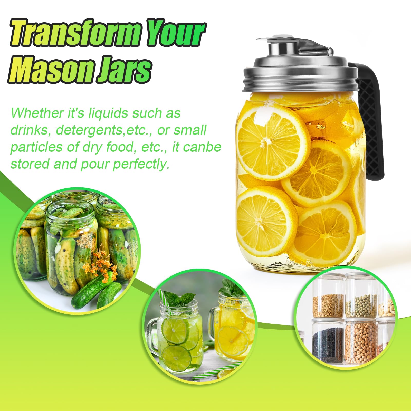Mason Jar Pour Spout Lid Stainless Steel with Handle, Wide Mouth Pour Spout Flip Cap Lids for Mason Jars, Anticracking Leak Proof Seal Cover Airtight for Drinking Salad Dressing & Food Storing(2PCS)