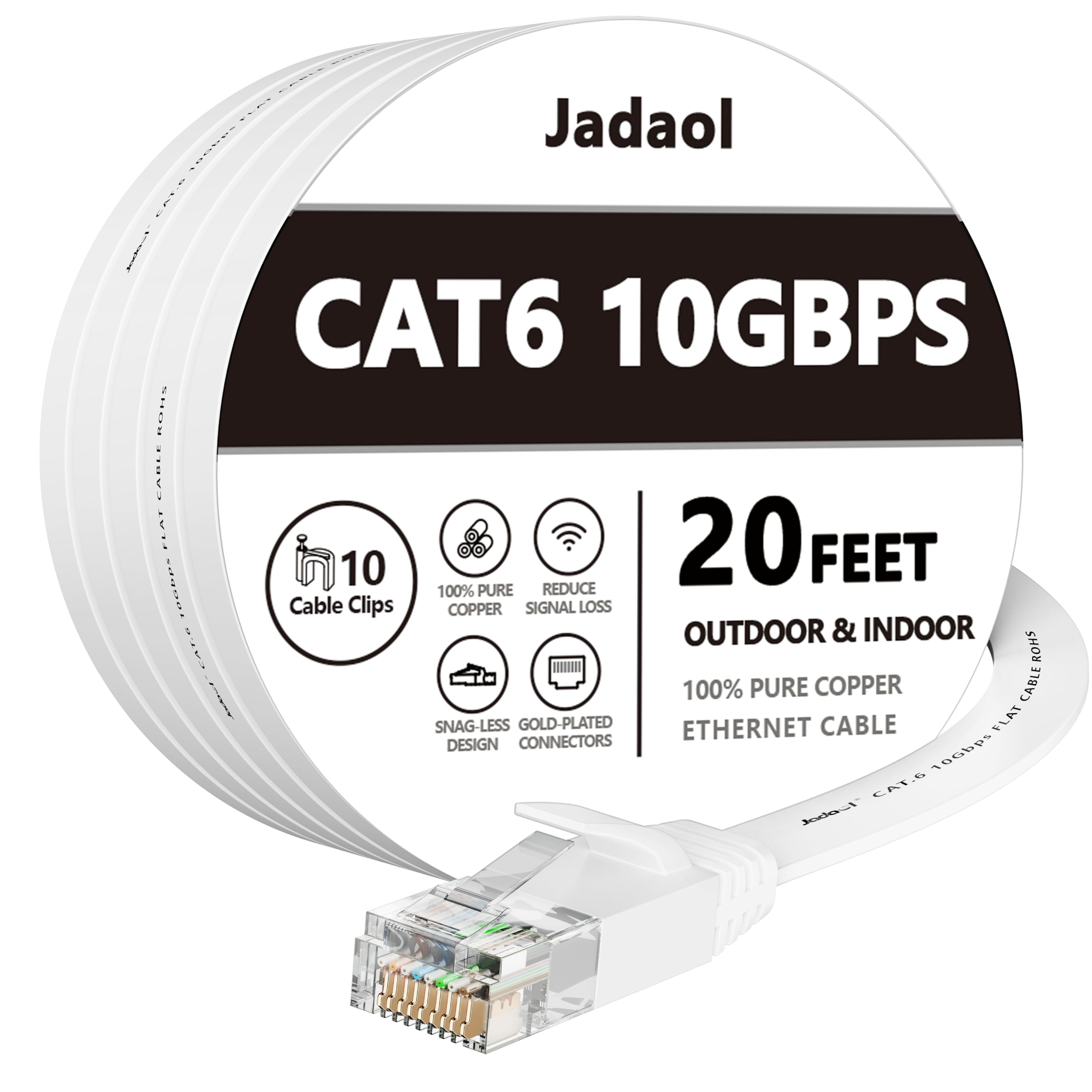 Cat 6 Ethernet Cable 100 ft, Outdoor&Indoor, 10Gbps Support Cat8 Cat7 Network, long Flat Internet LAN Patch Cord, Cat6 Solid Fast Speed weatherproof Cable for Router, Modem, PS4/5, Xbox, Gaming, White