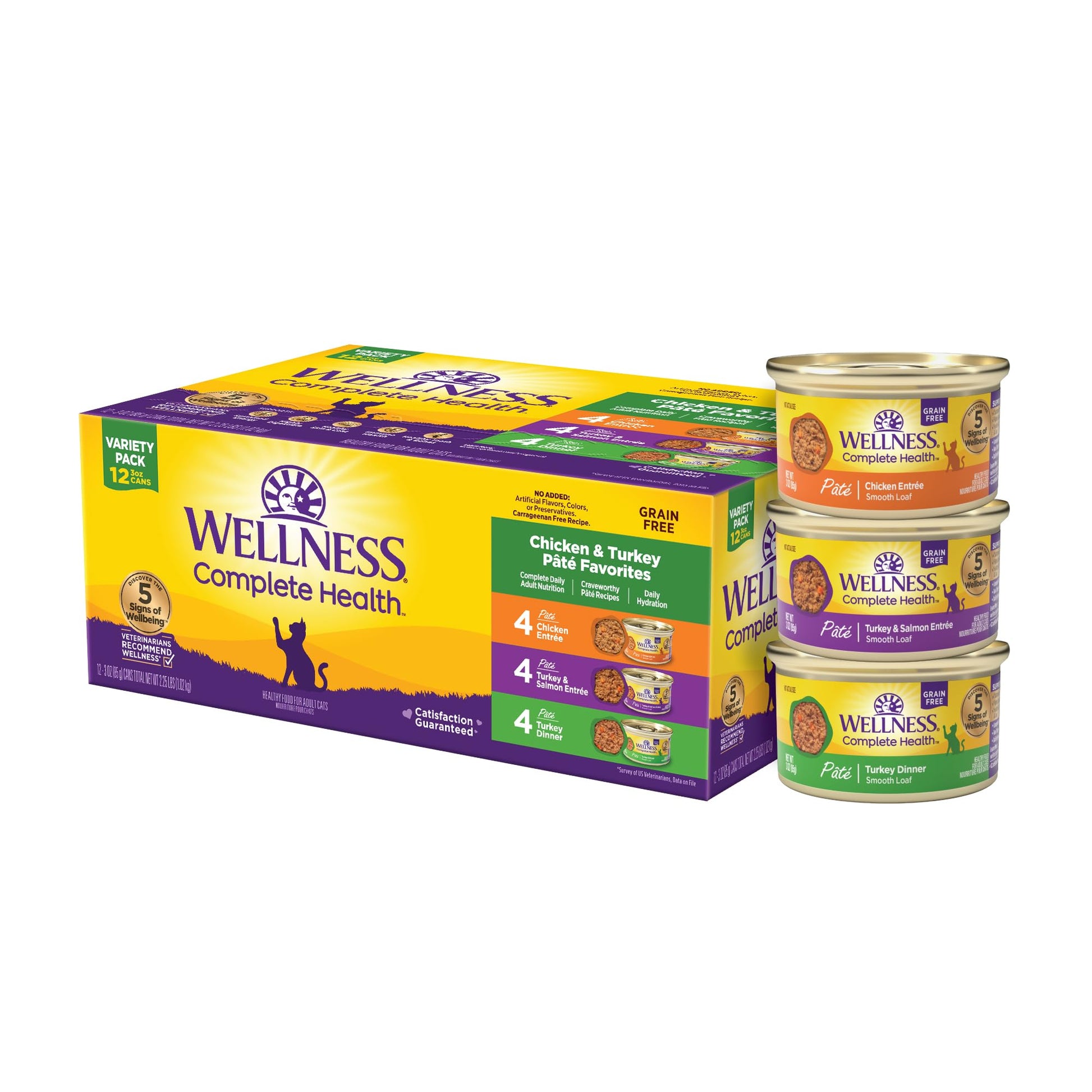 Wellness Complete Health Grain-Free Wet Canned Cat Food, Chicken & Turkey Lovers Minced and Gravies Variety Pack, 3 Ounces (Pack of 24)