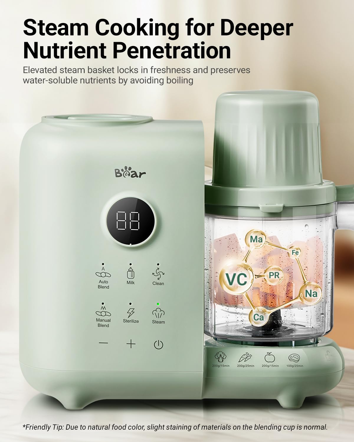 Bear Baby Food Maker with Two Layer Steam Baskets, Multifunction Baby Food Processor Steamer Puree Blender, Baby Food Mill with Bottle Warming Sterili-zing Auto Cleaning Function, BPA-Free
