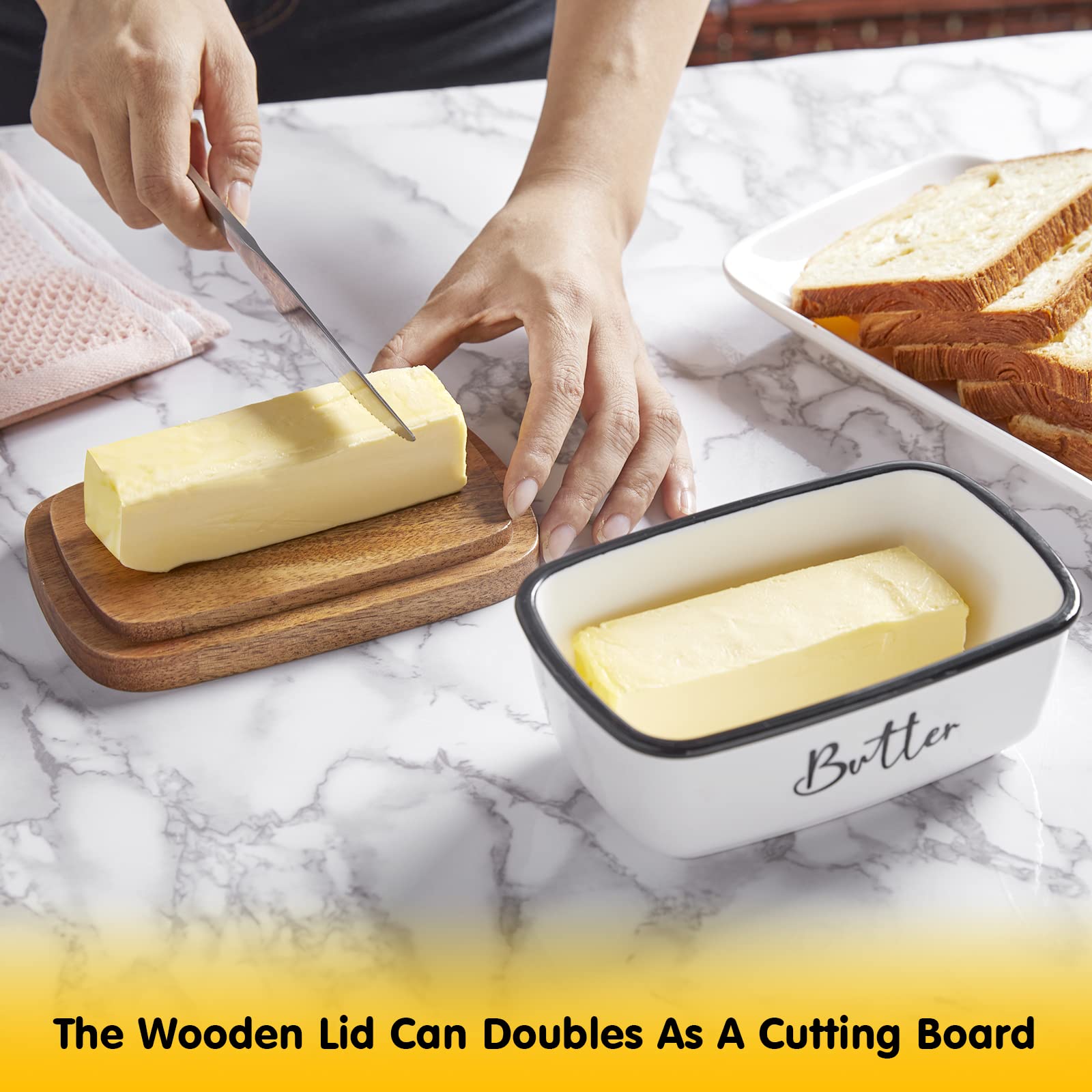 Butter Dish with Lid, ALELION Large Ceramic Butter Dish for Countertop, Butter Keeper with Thick Acacia Wood Lid, Kitchen Decor and Accessories for Kitchen Gifts, White