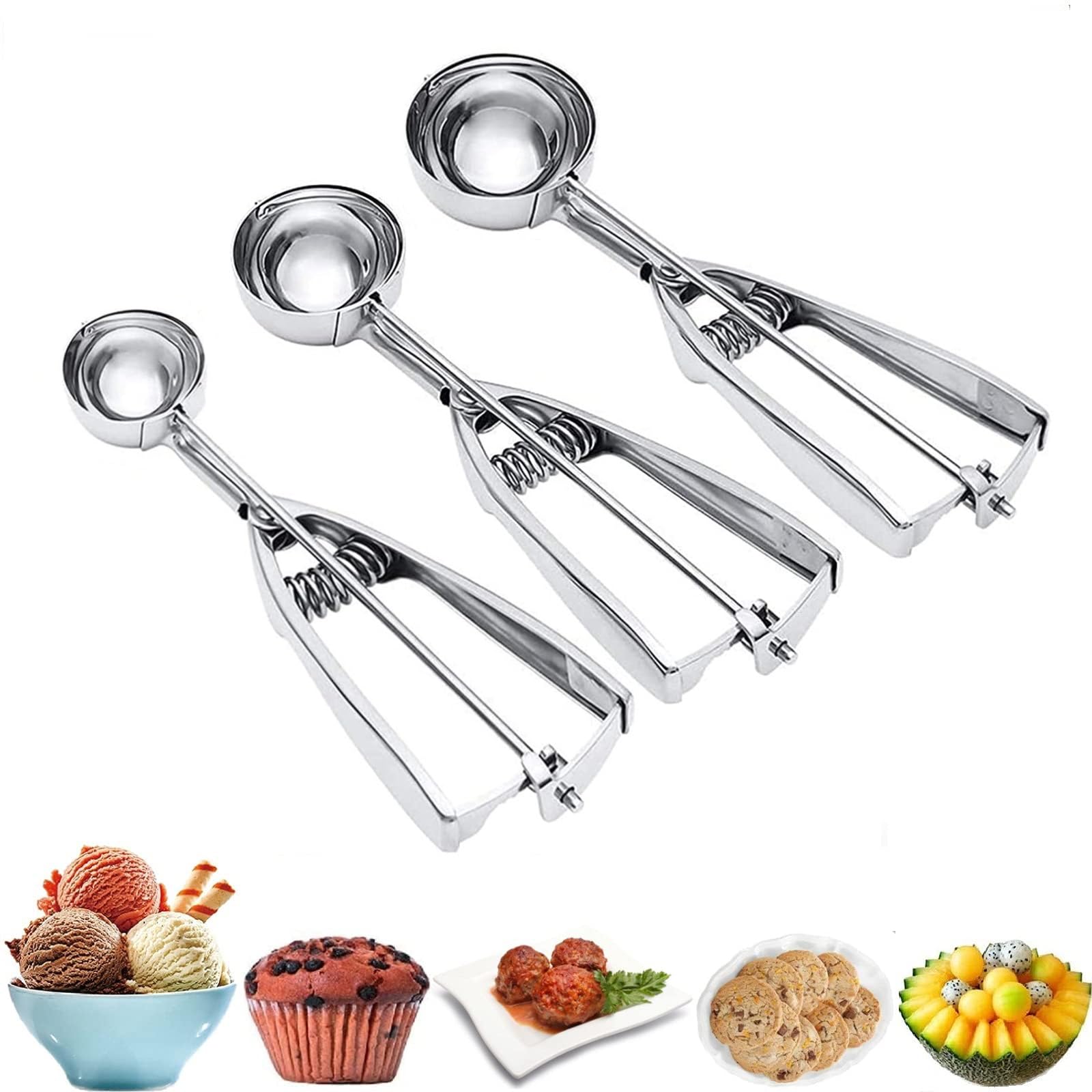 Ice Cream Scoop, 3Pcs Cookie Scoop Set, Stainless Steel Ice Cream Scooper with Trigger Release, Large/Medium/Small Cookie Scooper for Baking, Cookie Scoops for Baking Set of 3 with Cookie Dough Scoop...