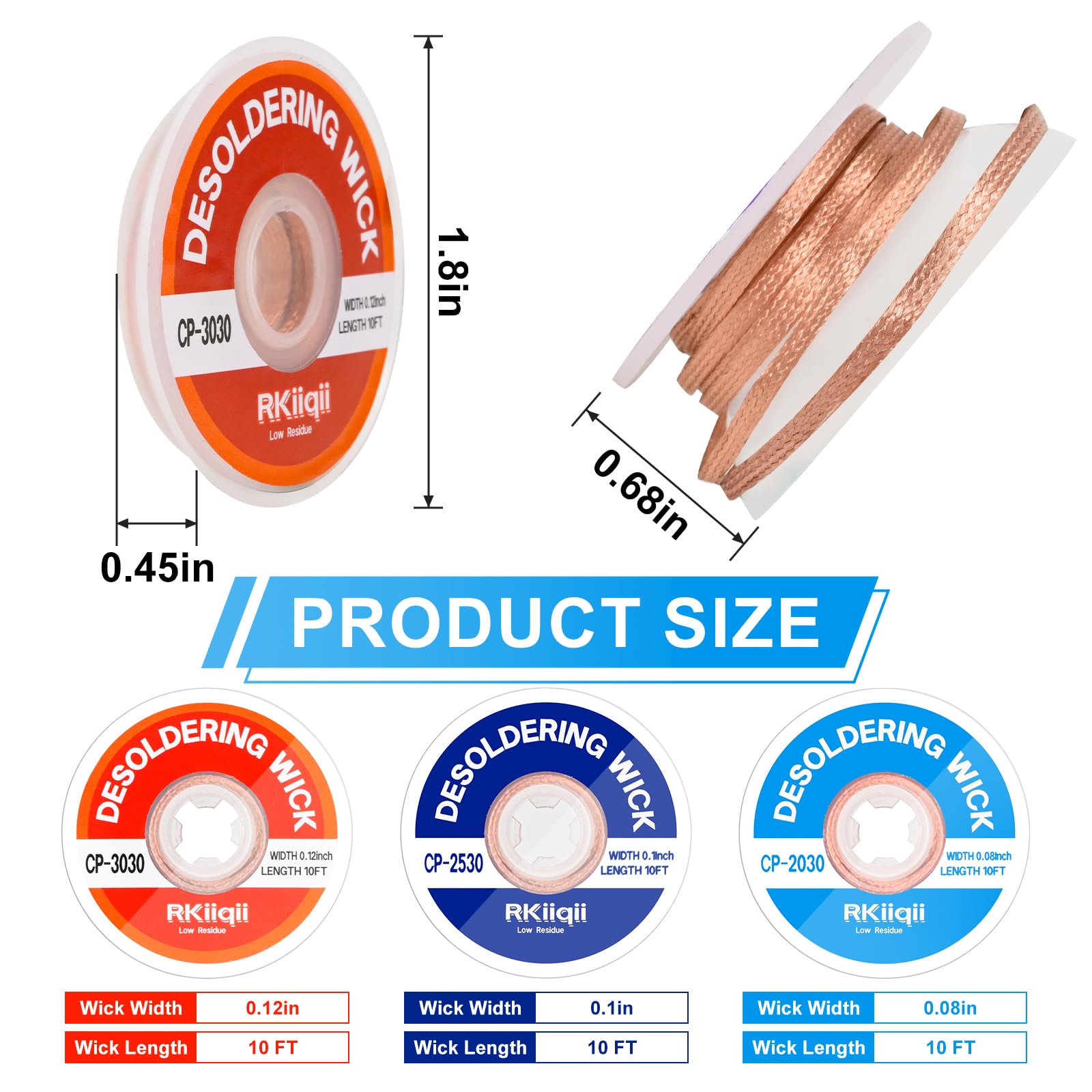 Rkiiqii 3pcs Solder Wick Braid with Flux, Upgrade Desoldering Wick (0.08/0.1/0.12in, 10ft Each) No Clean Low Residue Soldering Wick, Coated Braid for Electronics Component Repair, PCB Circuit Board