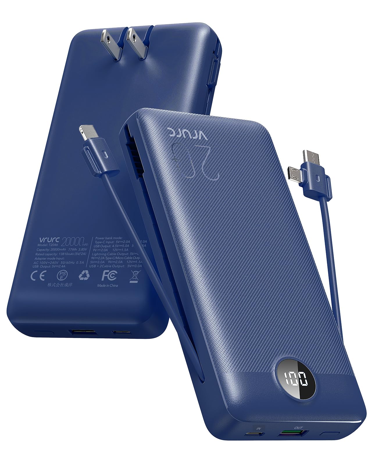 VRURC Portable Charger 20000mAh, Fast Charging Power Bank USB C,4 Output 2 Input Charging Bank Equipped with LED Display,Built-in Wall Plug and Cables,Cell Phone Replacement Battery,Blue