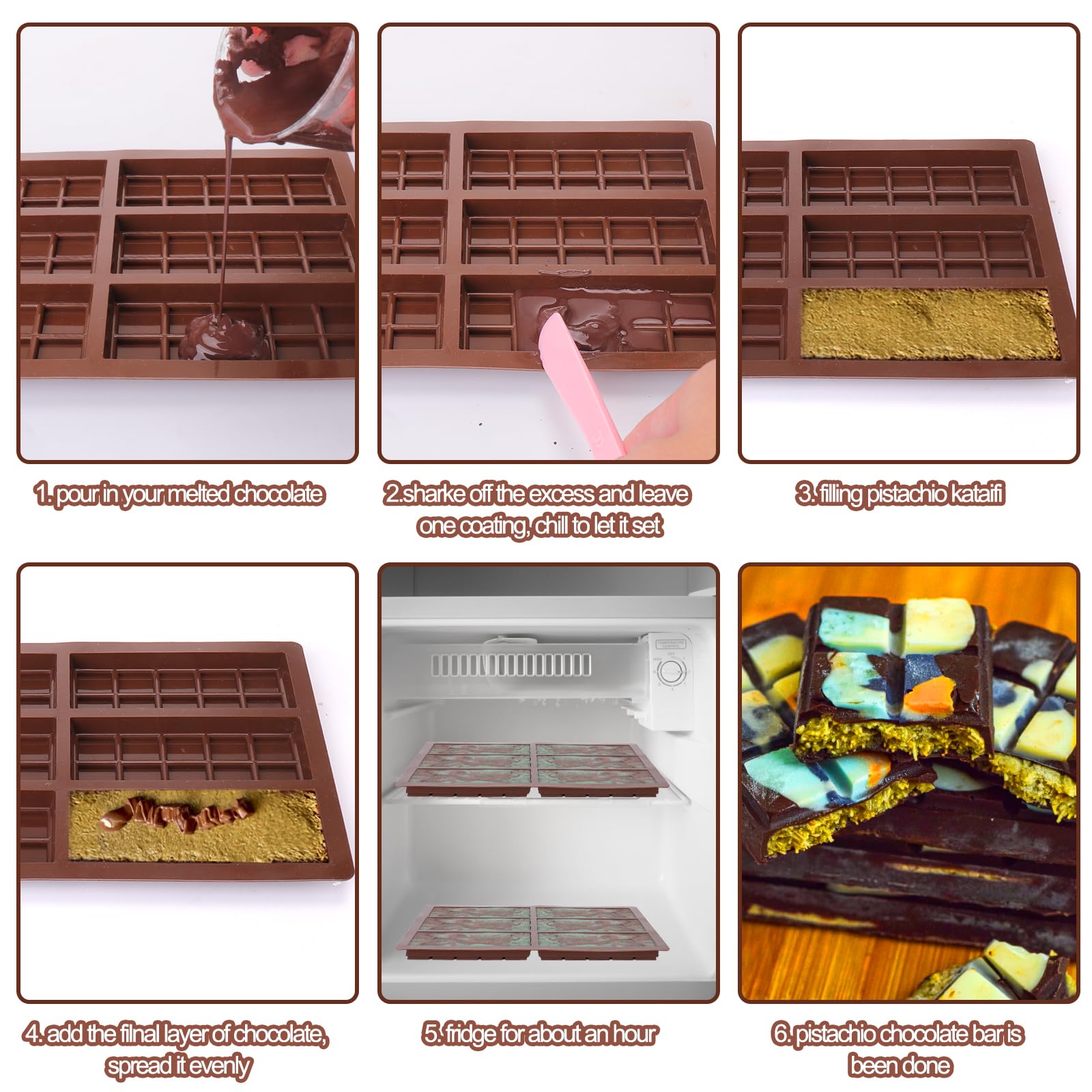 Mity rain Chocolate Bar Mold Deep, Silicone Thick Chocolate Bar Mold for Stuffed Bar, Square Knafeh Pistachio Chocolate Bar Break Apart Candy Bar Molds with 100pcs Storage Bags