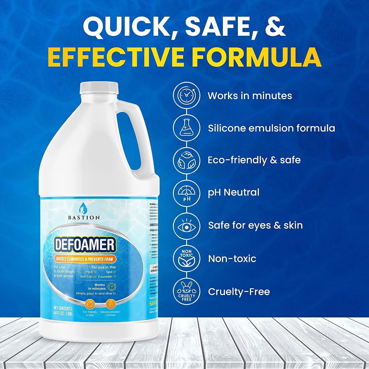 Hot Tub Defoamer - Pool, Fountain, & Spa - Antifoam Concentrate - Silicone Emulsion - Quickly Removes & Prevents Foam in Water - Eco Friendly & Safe Formula - No Harsh Chemicals - 1/2 Gallon (64 oz.)