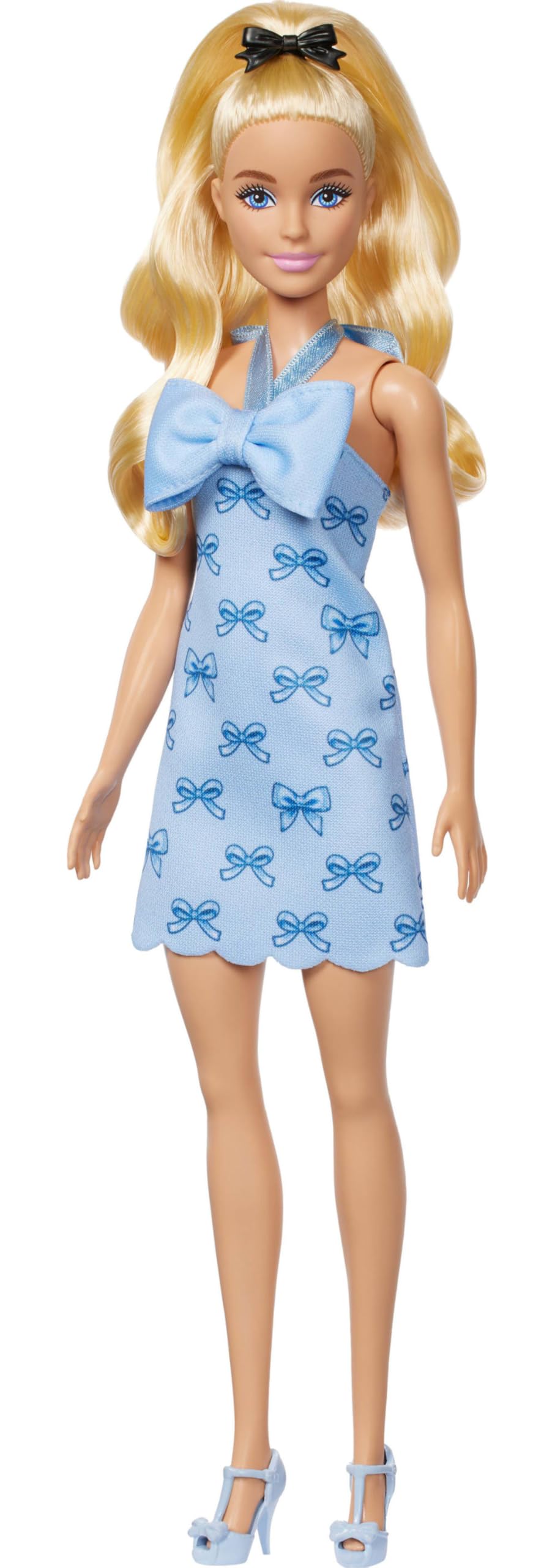 Barbie Fashionistas Doll #237 with Wavy Blonde Ponytail Wearing Blue Bow Halter Dress, Black Hair Bow Accessory and Matching Blue Heels